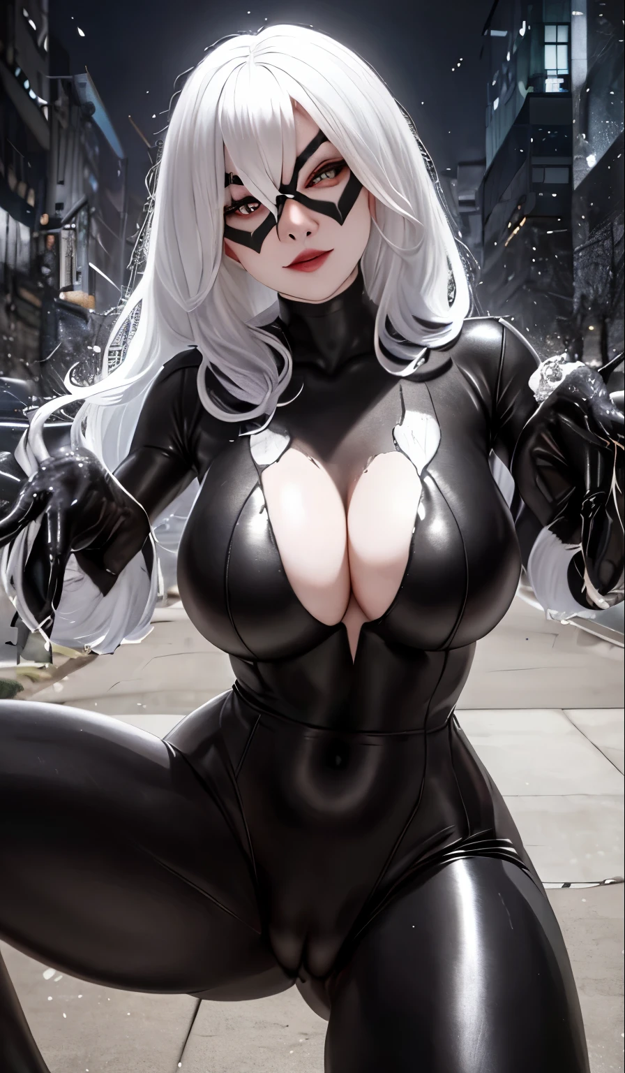 4K,realisticlying,Glamorous,The very detailed,There a girl in Dingcheng,White hair,Wearing a black cat costume,(Black and white:1.4) the night,symbiote,venomize,a large amount of mucus,she a black cat,Black superhero theme,In front of the sky,Flushed complexion,( Open legs, camel-toe,, Vulvar shape:1.3),(GGCameltoe:1.3)Legs apart,25 age old,full bodyesbian