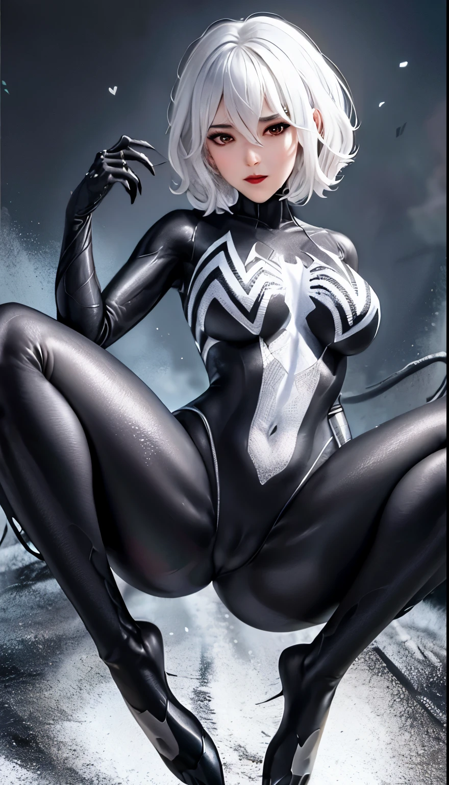 4K，realistically，charming，very detailed，There is a girl in Dingcheng，white hair，Wearing black Spider-Man costume，（black and white：1.4） night,symbiont，poison，lots of mucus,She is a hero，Black superhero theme，in front of the sky，complexion，( spread legs， camel toe，， vulva shape：1.3）,(GGcamel toe:1.3)，25 years old，Full body female love