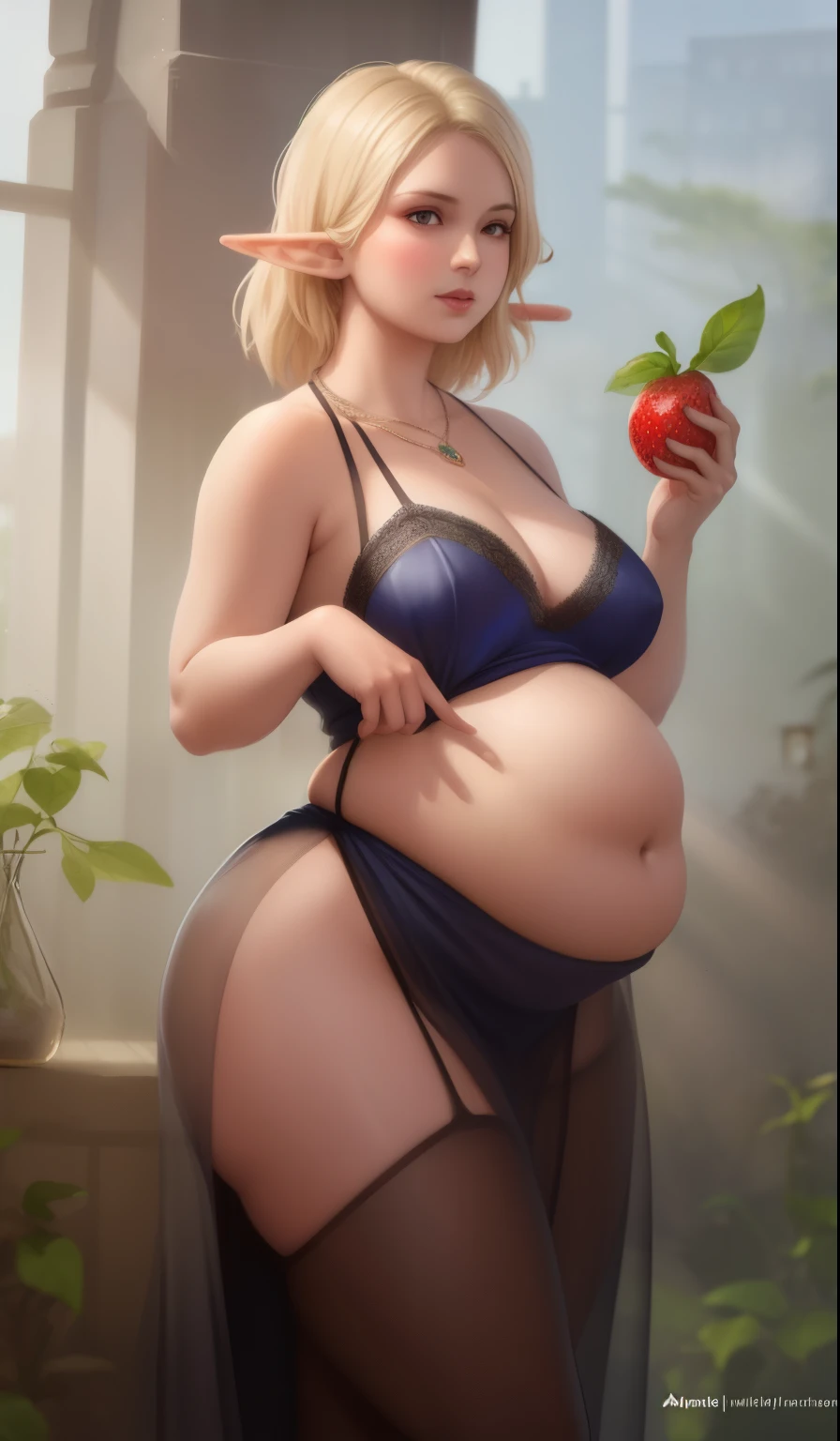 waist shot of a chubby female elf, intricate, chubby face, elegant, wearing sapphire necklace, facing camera, highly detailed, digital painting, artstation, concept art, smooth, sharp focus, illustration, art by artgerm and greg rutkowski and alphonse mucha, 8k, volumetric fog, bloom, light rays, lumen, cranked bokeh, chubby, fat belly, wide hips, full belly, overfull, eating fruits. clutching her belly with her hands.