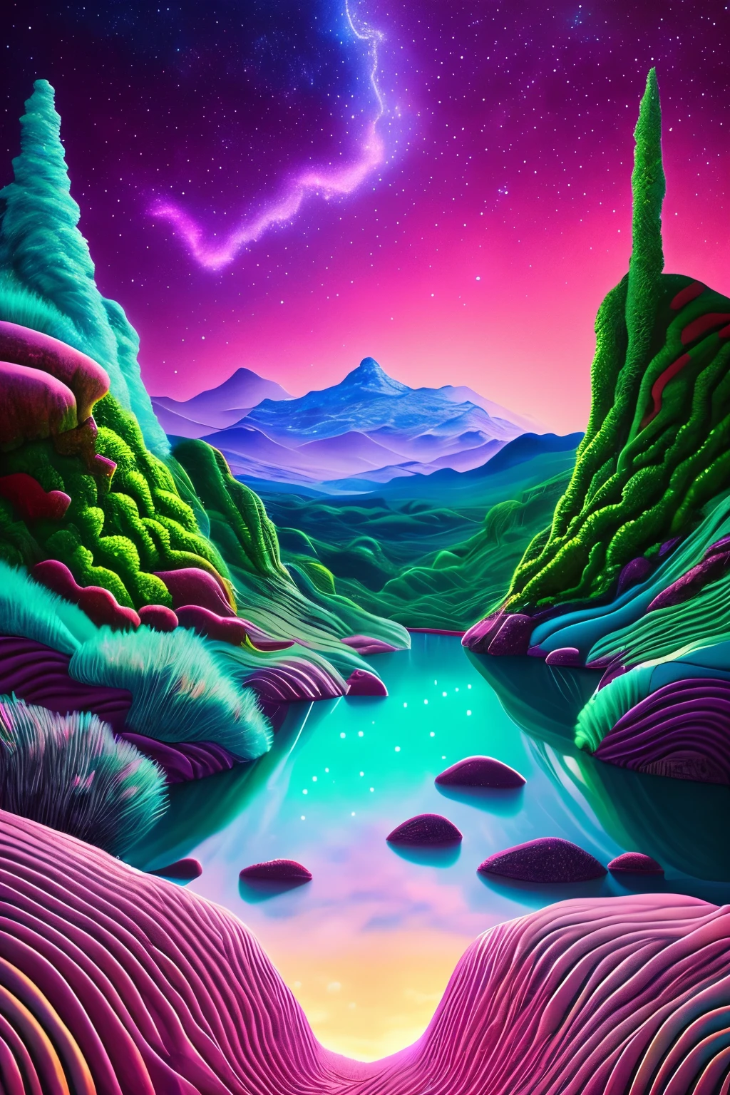 Scenario of Adventure Frenzy in the highlands, devoid of people, I use bizarre colors and holographic patterns shaping the surreal landscape. Neon-green grass blankets the undulating terrain, while magenta waterfalls cascade from the cliffs, painting the scene with an otherworldly allure. The sky is a psychedelic blend of turquoise and pink, dotted with holographic stars that twinkle erratically.
In the distance, towering crystalline structures emit an ethereal glow, reflecting the vibrant hues of the environment. The entire setting hums with a pulsating energy, as if on the brink of