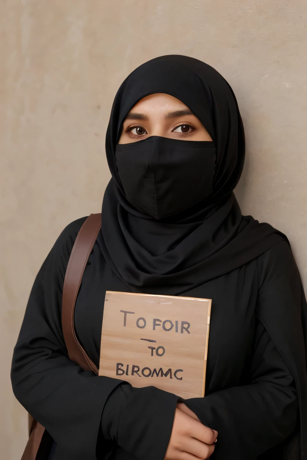 a woman in burqa holding a id card, 8k, F2.8, RAW Photo, ultra detailed, <lora:seemycard3:0.8>