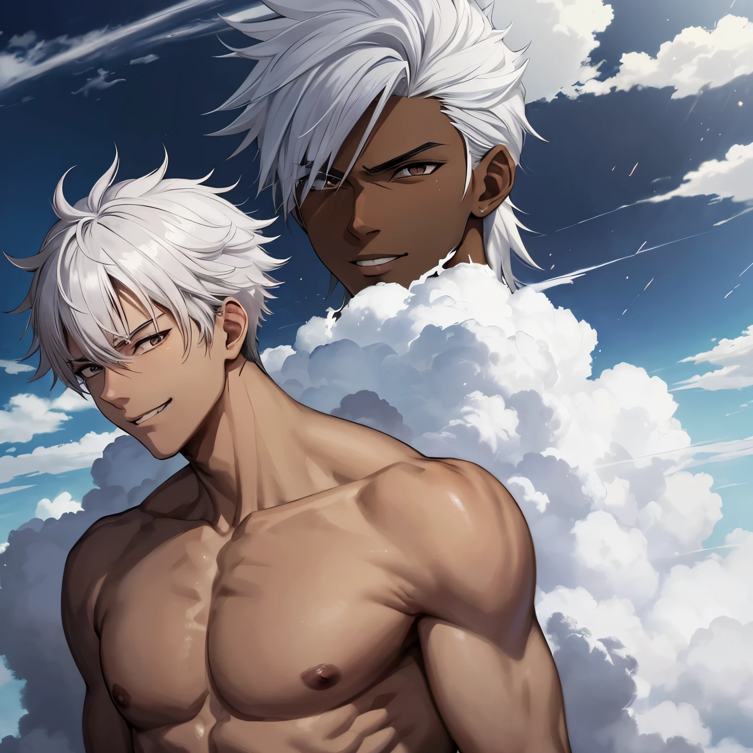 anime style a 17 year oan control the smoke harden it to make clouds spit... he is lazy, always lying on his cloud he has dark skin he has white hair always dressed in white or gray he is very smiling he is slightly muscular and he gets angry a little quickly