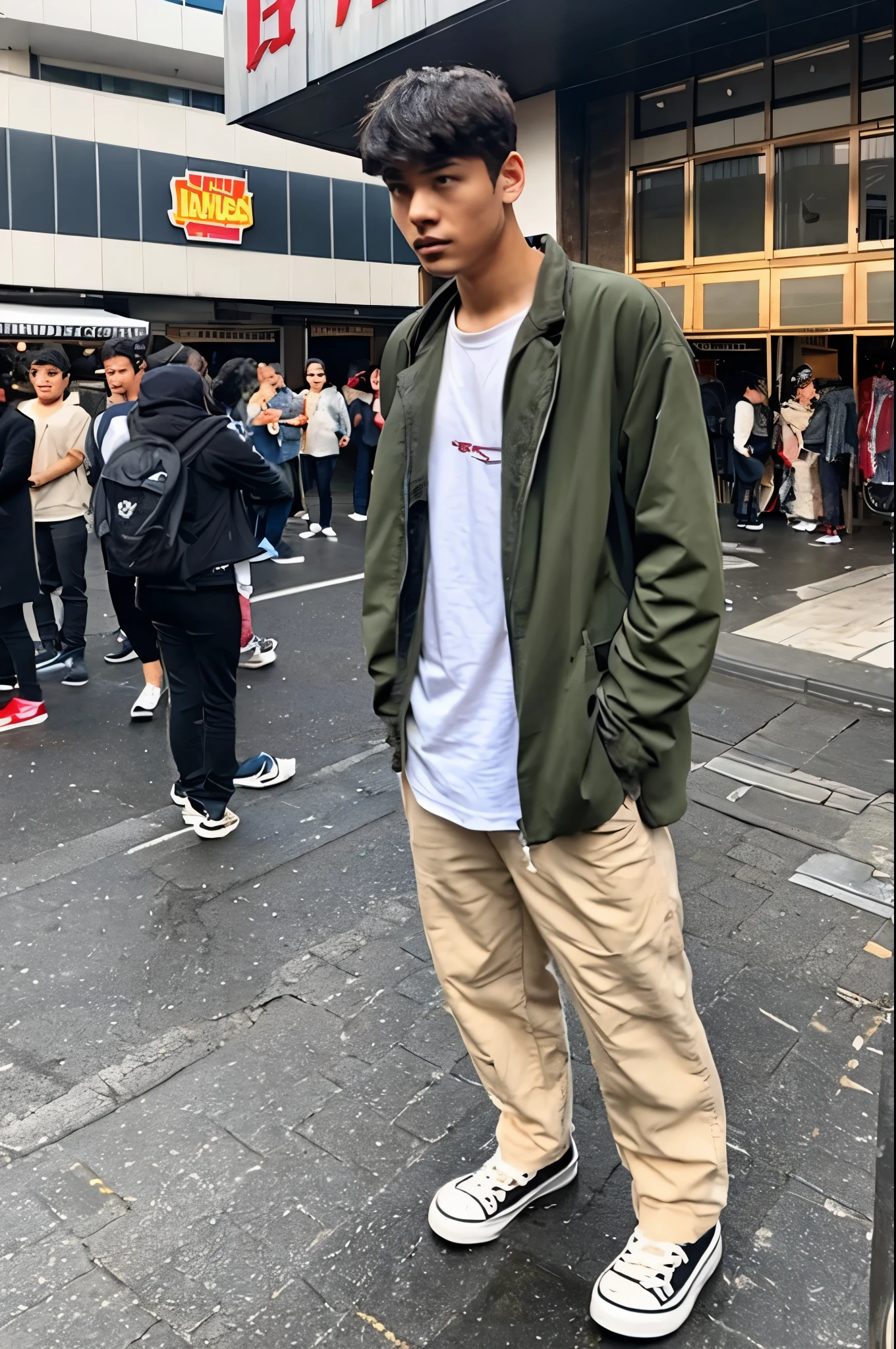 A real photo of a street dancer. He is young ,handsome male, wearing canvas shoes, and is standing in line with an anxious and nervous expression. His hands are over his abdomen, wetting his pants.
