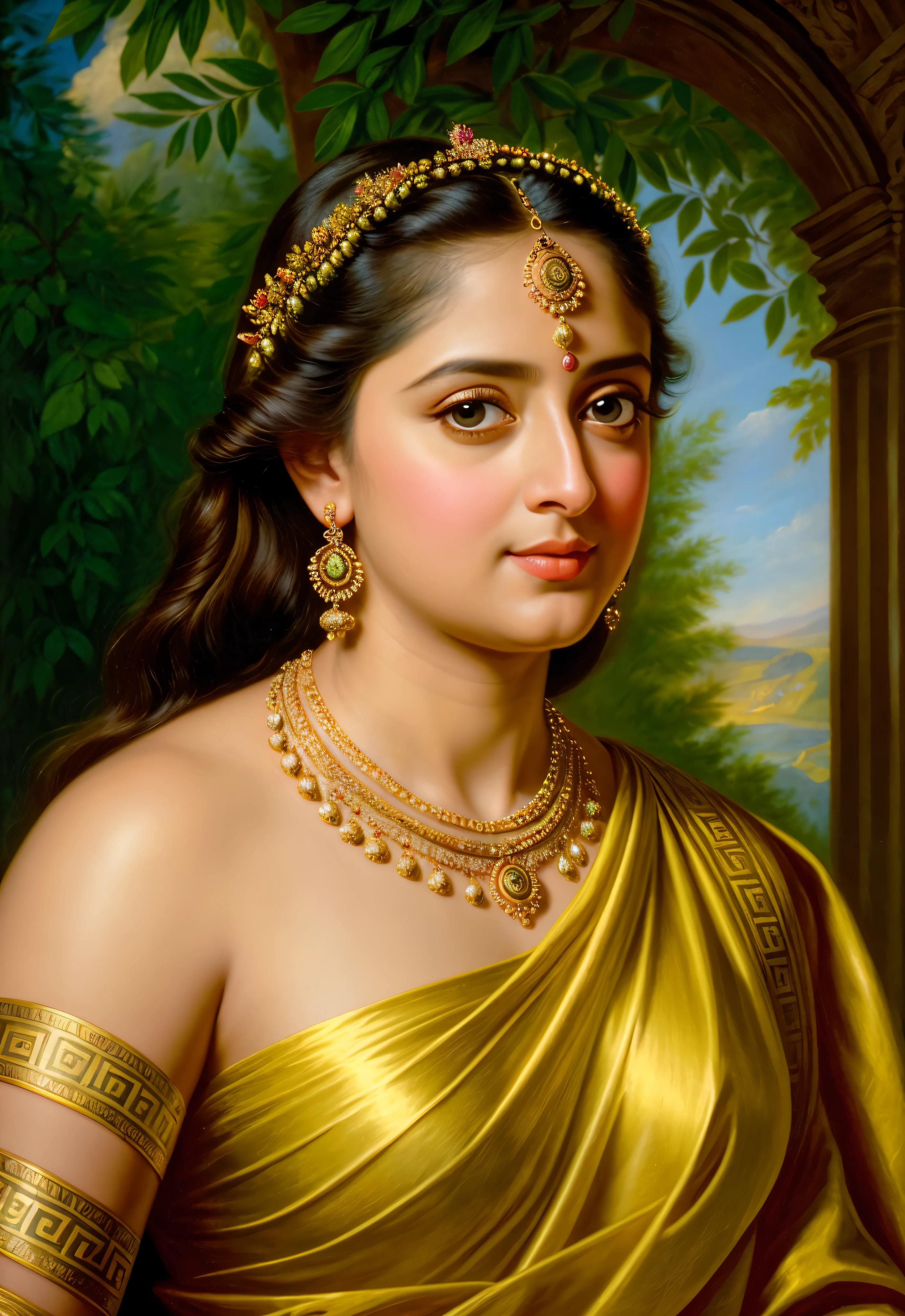 Looks like Anushka Shetty, Masterpiece, Best quality, high clarity eyes, beautifully styled hair, critically flawless,sharp picture, Full portrait, High pixels, perfect face, perfect eyes, beautiful face, perfect hands,perfect fingers, in Peter Paul Rubens style, by Peter Paul Rubens, baroque style, acrylic on canvas, highly detailed, description: "Create a nymph inspired by the tales of Greek or Roman mythology, embodying the essence of a natural element or location, and possessing a unique ability or trait that sets her apart."