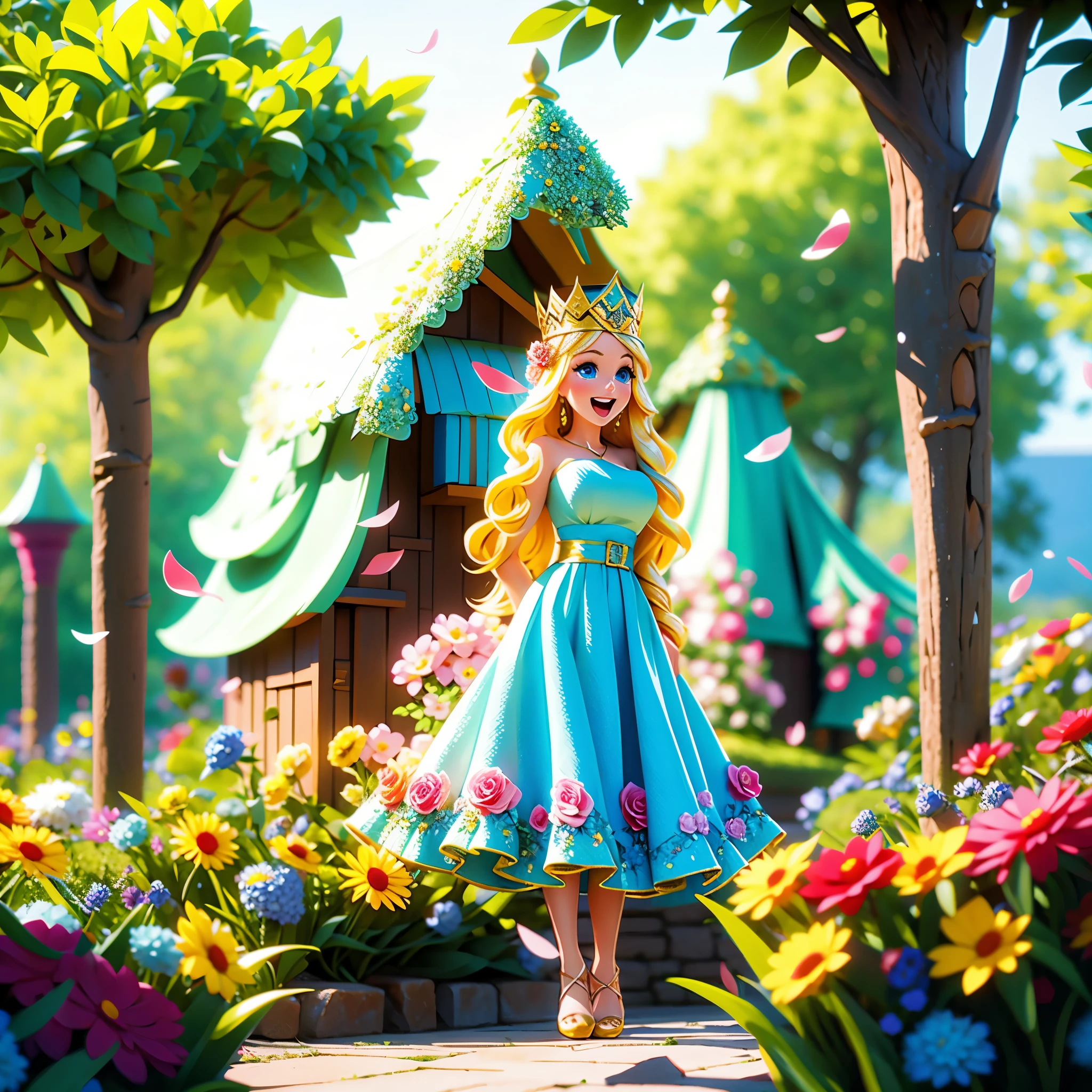close up portrait, a beautiful blonde-haired Irish princess, young adult woman, shapely, perfect breasts, long wavy hair, bright blue eyes, fair skin, wearing a red dress, large frilly princess gown, large and loose dress, modest clothes, chaste, golden crown, laughing happily, in a flower garden, sunny day in a castle flower garden, digital art
