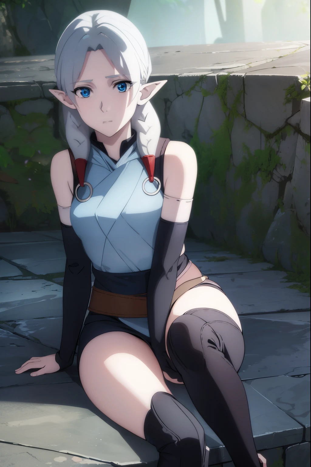 fymryn, fymryn, blue eyes, grey hair, pointy ears, braid, hair braid, elf,
BREAK bare shoulders, boots, detached sleeves,
BREAK looking at viewer,
BREAK outdoors,
BREAK (masterpiece:1.2), best quality, high resolution, unity 8k wallpaper, (illustration:0.8), (beautiful detailed eyes:1.6), extremely detailed face, perfect lighting, extremely detailed CG, (perfect hands, perfect anatomy),