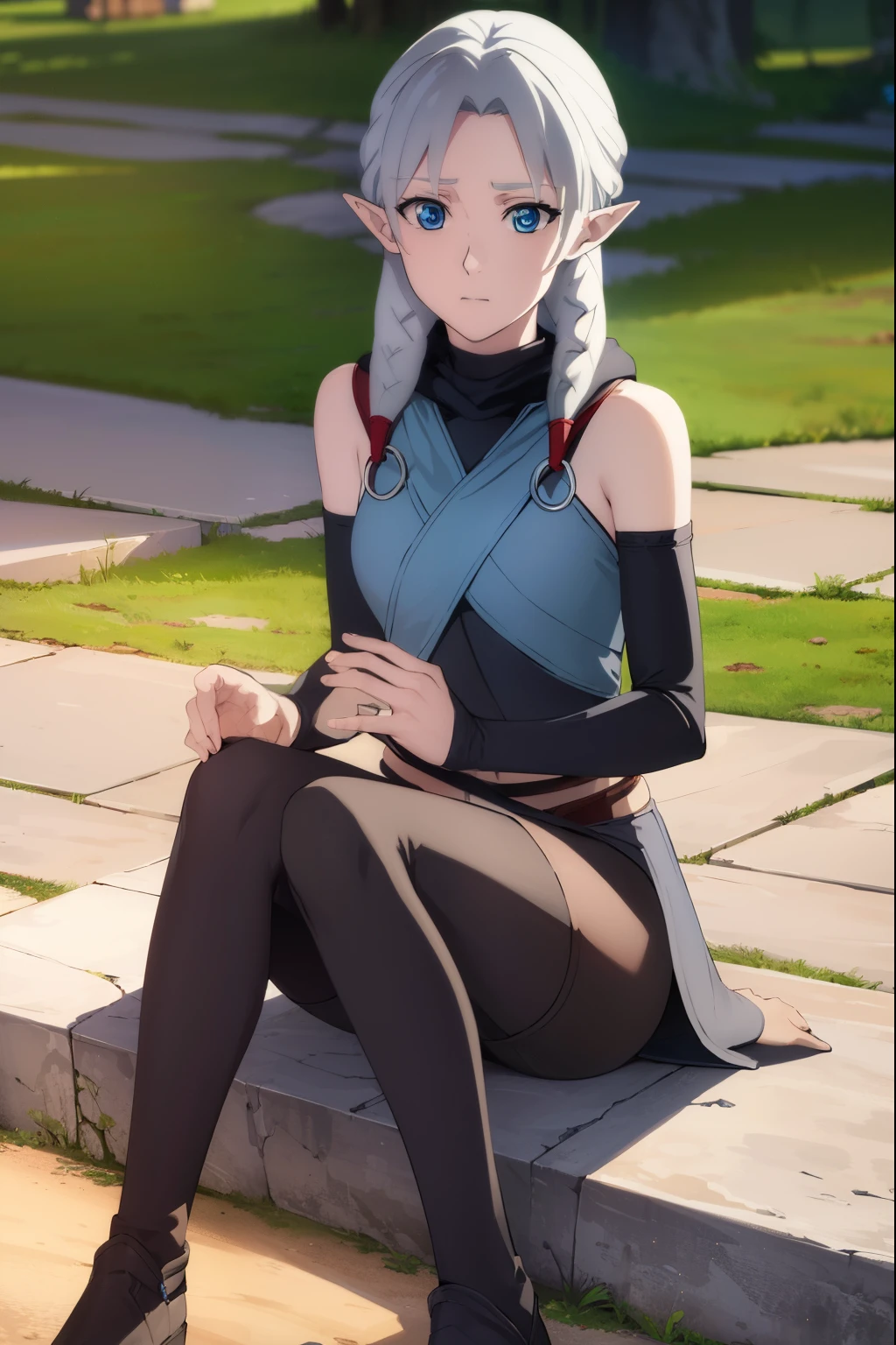 fymryn, fymryn, blue eyes, grey hair, pointy ears, braid, hair braid, elf,
BREAK bare shoulders, boots, detached sleeves,
BREAK looking at viewer,
BREAK outdoors,
BREAK (masterpiece:1.2), best quality, high resolution, unity 8k wallpaper, (illustration:0.8), (beautiful detailed eyes:1.6), extremely detailed face, perfect lighting, extremely detailed CG, (perfect hands, perfect anatomy),