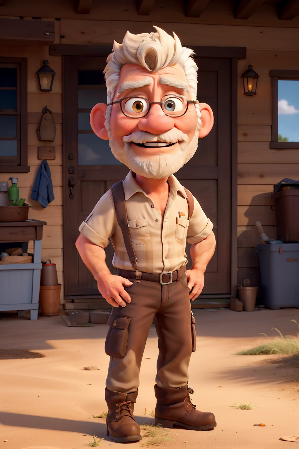 Illustrate a lifelike 4K avatar of a vibrant and lively, middle-aged redneck, in the midst of his journey. Pay meticulous attention to details, such as the wrinkles on his sun-kissed face, the scruffy blonde mullet, and the neatly grown mustache. Dress him in blue snug work pants, an unbuttoned white work shirt revealing a hairy chest, and beige high-top steel toe boots, crushed from years of outdoor work. Stow a red rag in his back right pocket, ready for any spontaneous wipe-downs or repairs. Set the stage against a pristine white or transparent