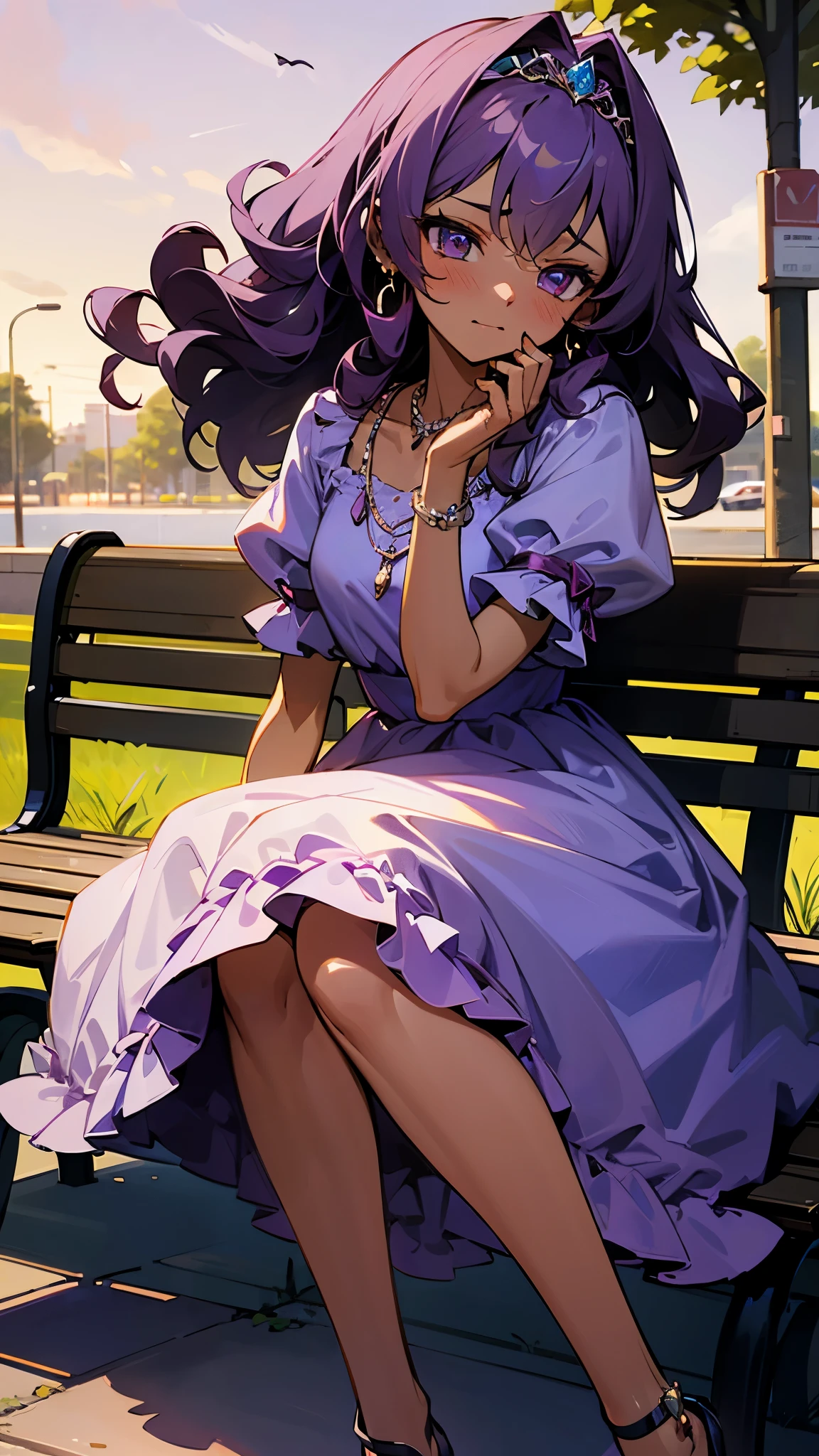 dark skin, accessories, leg wraps garter, necklace, bracelet, earrings, tiara, 18 year-old girl, purple colors, frilly girly dress, curly hair, pleading expression, park bench, sunset