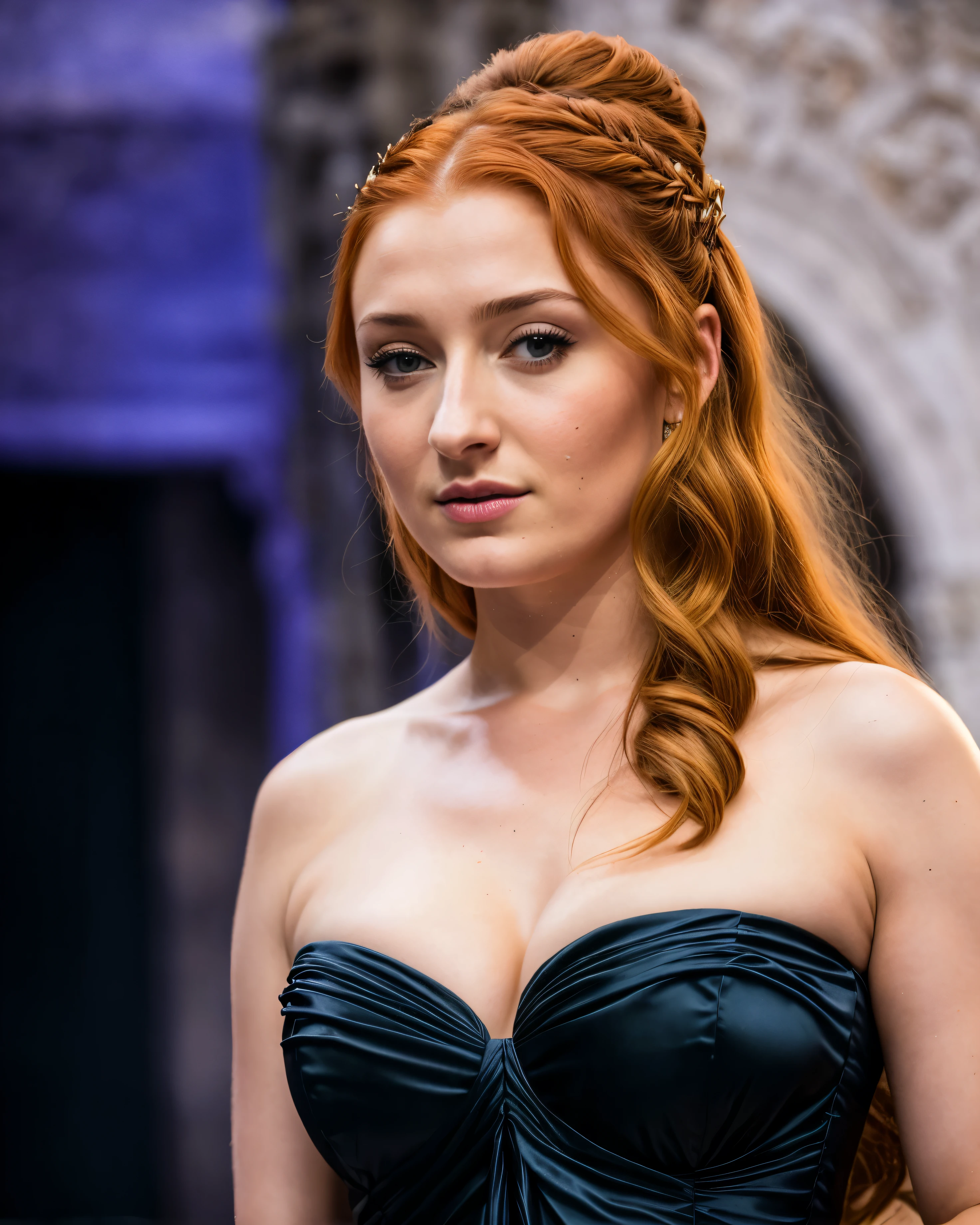 Foto RAW, Sansa Stark, Extremely gorgeous lady, Sansa Stark PLAYED BY Sophie Turner, Queen Sansa Stark, she is a mature woman now, milf, sexy mediaeval battle dress, gladiator woman, body, 45 years old Woman, body revealing costumes, perky breast, alluring figure, big natural breast, mediaeval costumes, mediaeval queen dress, erotic costumes, lusty physique, seductive figure can capture every people's attention, Game of thrones costumes, revealing captivating figure, Mediaeval costumes, revealing clothes, A tomboy, she would rather fence than dance, warrior queen , game of thrones screen caps, Game of Thrones Series, (pele altamente detalhada: 1.2), 8k UHD, DSLR, soft-lighting, alta qualidade, grain of film, Fujifilm XT3