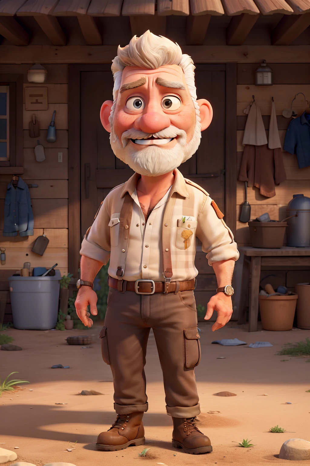 Illustrate a lifelike 4K avatar of a vibrant and lively, middle-aged redneck, in the midst of his journey. Pay meticulous attention to details, such as the wrinkles on his sun-kissed face, the scruffy blonde mullet, and the neatly grown mustache. Dress him in blue snug work pants, an unbuttoned white work shirt revealing a hairy chest, and beige high-top steel toe boots, crushed from years of outdoor work. Stow a red rag in his back right pocket, ready for any spontaneous wipe-downs or repairs. Set the stage against a pristine white or transparent