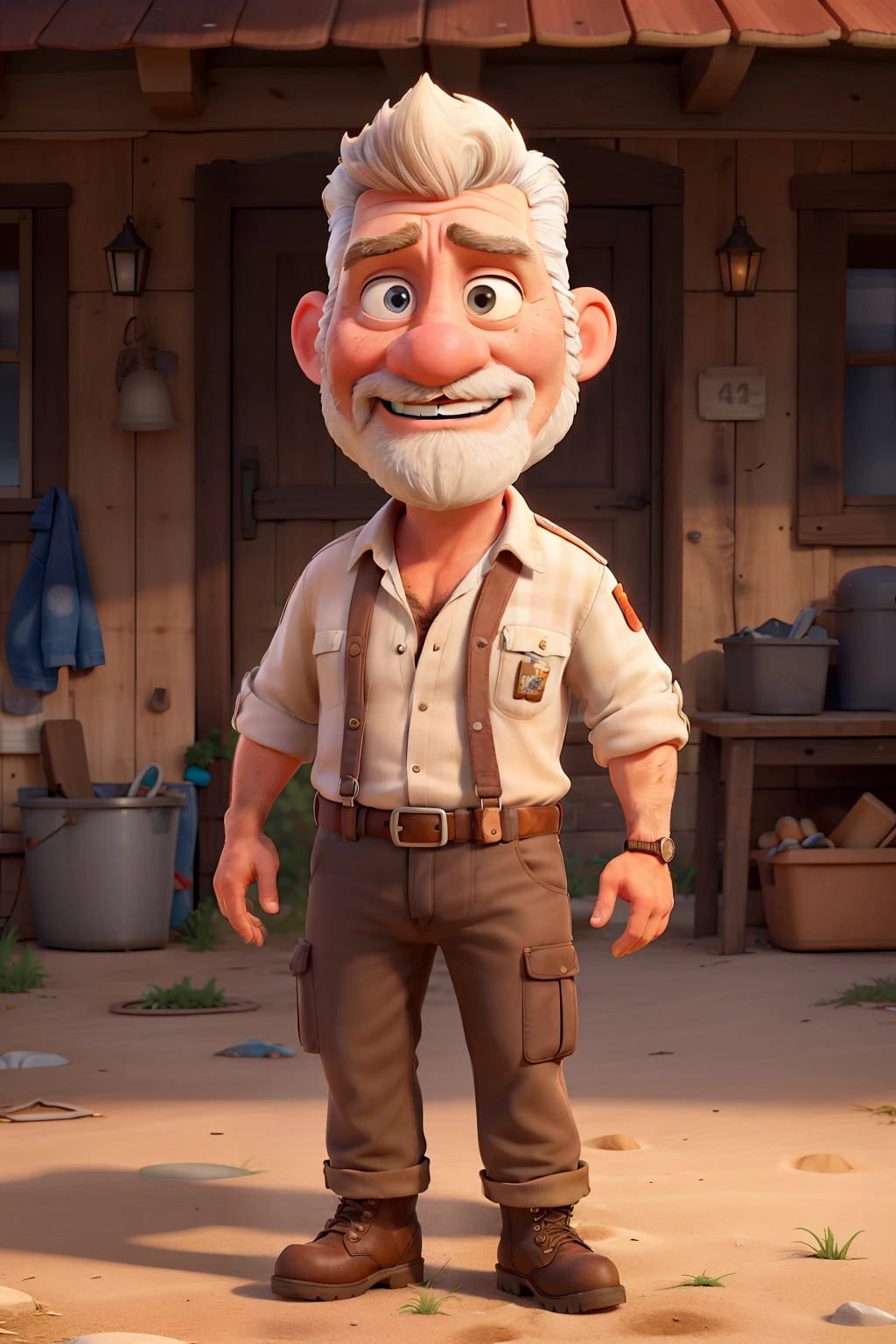 Illustrate a lifelike 4K avatar of a vibrant and lively, middle-aged redneck, in the midst of his journey. Pay meticulous attention to details, such as the wrinkles on his sun-kissed face, the scruffy blonde mullet, and the neatly grown mustache. Dress him in blue snug work pants, an unbuttoned white work shirt revealing a hairy chest, and beige high-top steel toe boots, crushed from years of outdoor work. Stow a red rag in his back right pocket, ready for any spontaneous wipe-downs or repairs. Set the stage against a pristine white or transparent