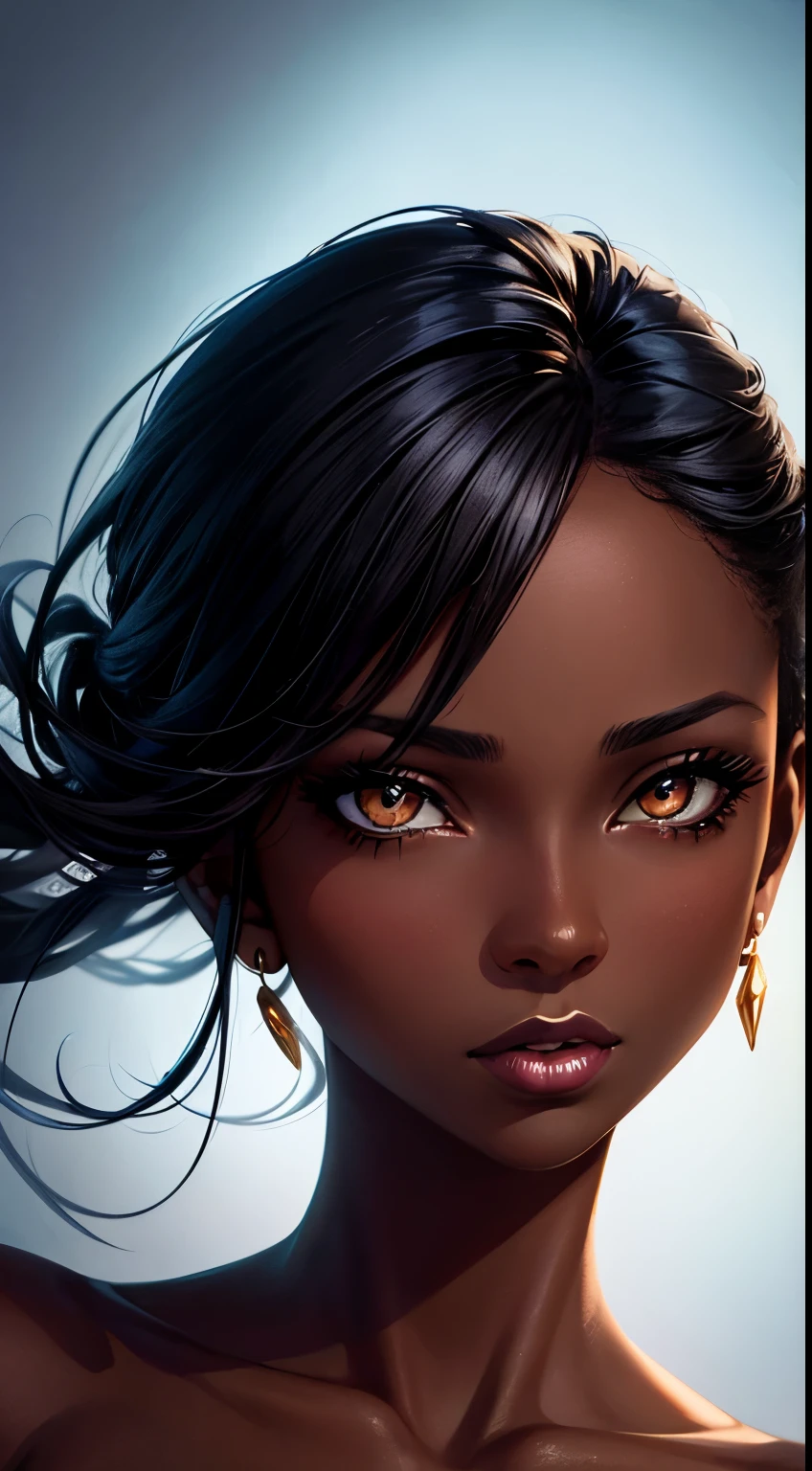 Masterpiace, Woman, dark skin , beautiful, 30 years, make-up, passionate look , soft lighting, 2d background
