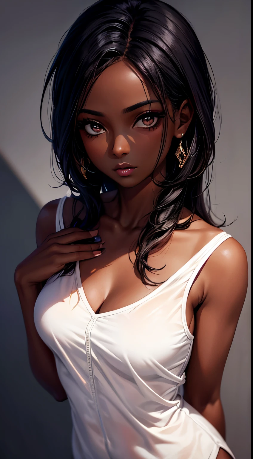 1girl, asymmetrical_hair, black_hair, dark-skinned_female, dark_skin, ear_piercing, earrings, eyeshadow, jewelry, lips, long_hair, looking_at_viewer, makeup, mole, mole_under_eye, nose, piercing, realistic, solo, stud_earrings,  nipple bulges, no bra, nsfw