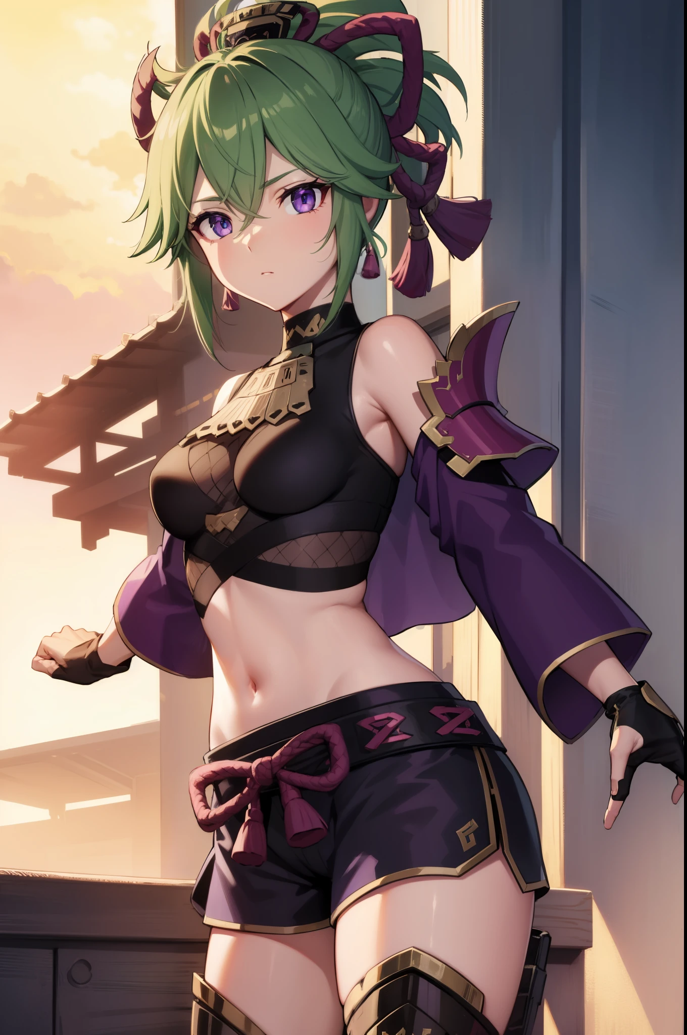 shinobukuki, shinobu kuki, green hair, hair between eyes, ponytail, short hair, (purple eyes:1.1),
BREAK armor, bare shoulders, black gloves, cropped jacket, fishnet top, fishnets, gloves, gold trim, hair ornament, jacket, leg armor, midriff, off shoulder, partially fingerless gloves, purple jacket, shirt, short shorts, shorts, shoulder armor, sleeveless, sleeveless shirt,
BREAK looking at viewer,
BREAK outdoors,
BREAK (masterpiece:1.2), best quality, high resolution, unity 8k wallpaper, (illustration:0.8), (beautiful detailed eyes:1.6), extremely detailed face, perfect lighting, extremely detailed CG, (perfect hands, perfect anatomy),