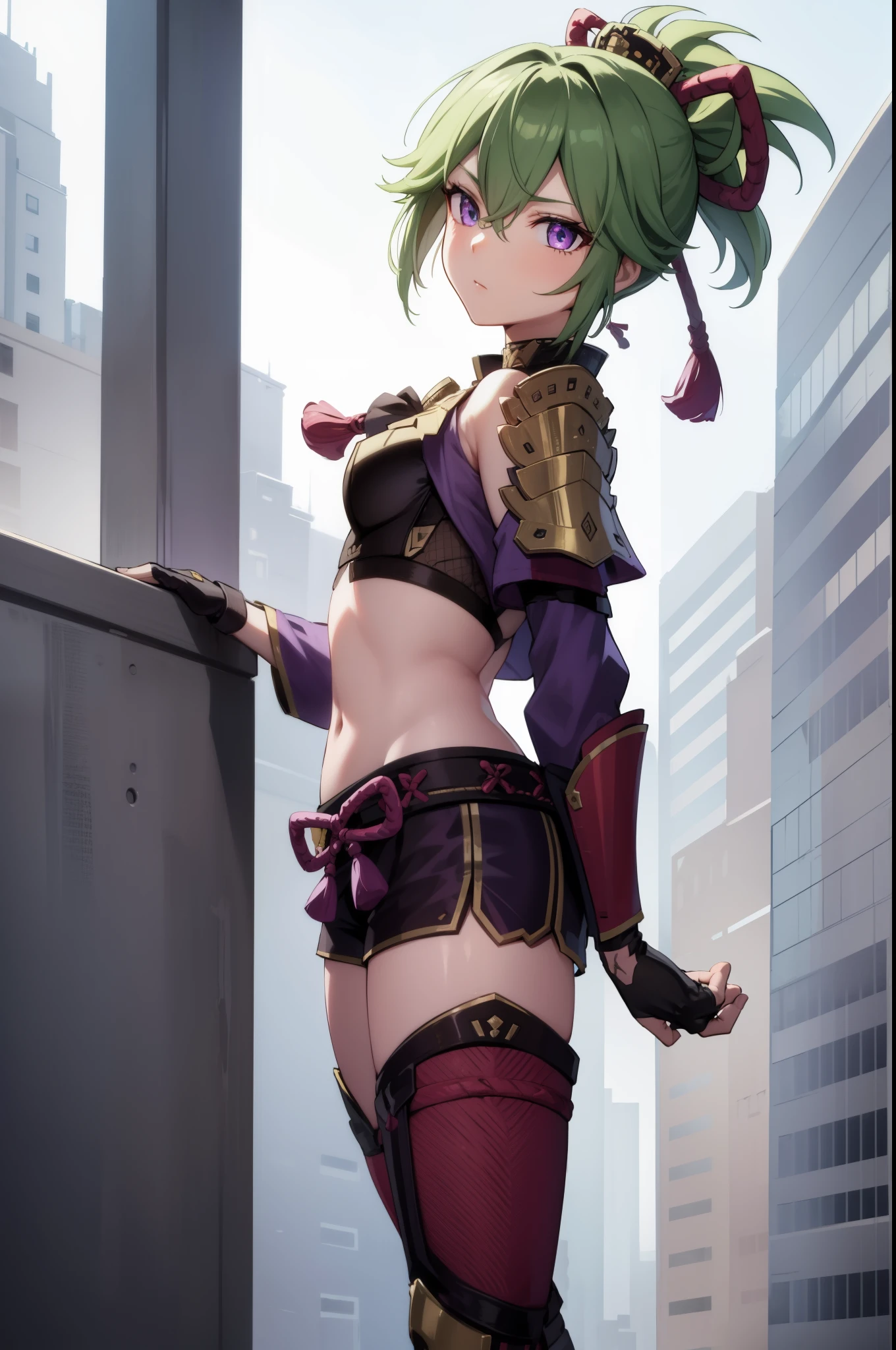 shinobukuki, shinobu kuki, green hair, hair between eyes, ponytail, short hair, (purple eyes:1.1),
BREAK armor, bare shoulders, black gloves, cropped jacket, fishnet top, fishnets, gloves, gold trim, hair ornament, jacket, leg armor, midriff, off shoulder, partially fingerless gloves, purple jacket, shirt, short shorts, shorts, shoulder armor, sleeveless, sleeveless shirt,
BREAK looking at viewer,
BREAK outdoors,
BREAK (masterpiece:1.2), best quality, high resolution, unity 8k wallpaper, (illustration:0.8), (beautiful detailed eyes:1.6), extremely detailed face, perfect lighting, extremely detailed CG, (perfect hands, perfect anatomy),