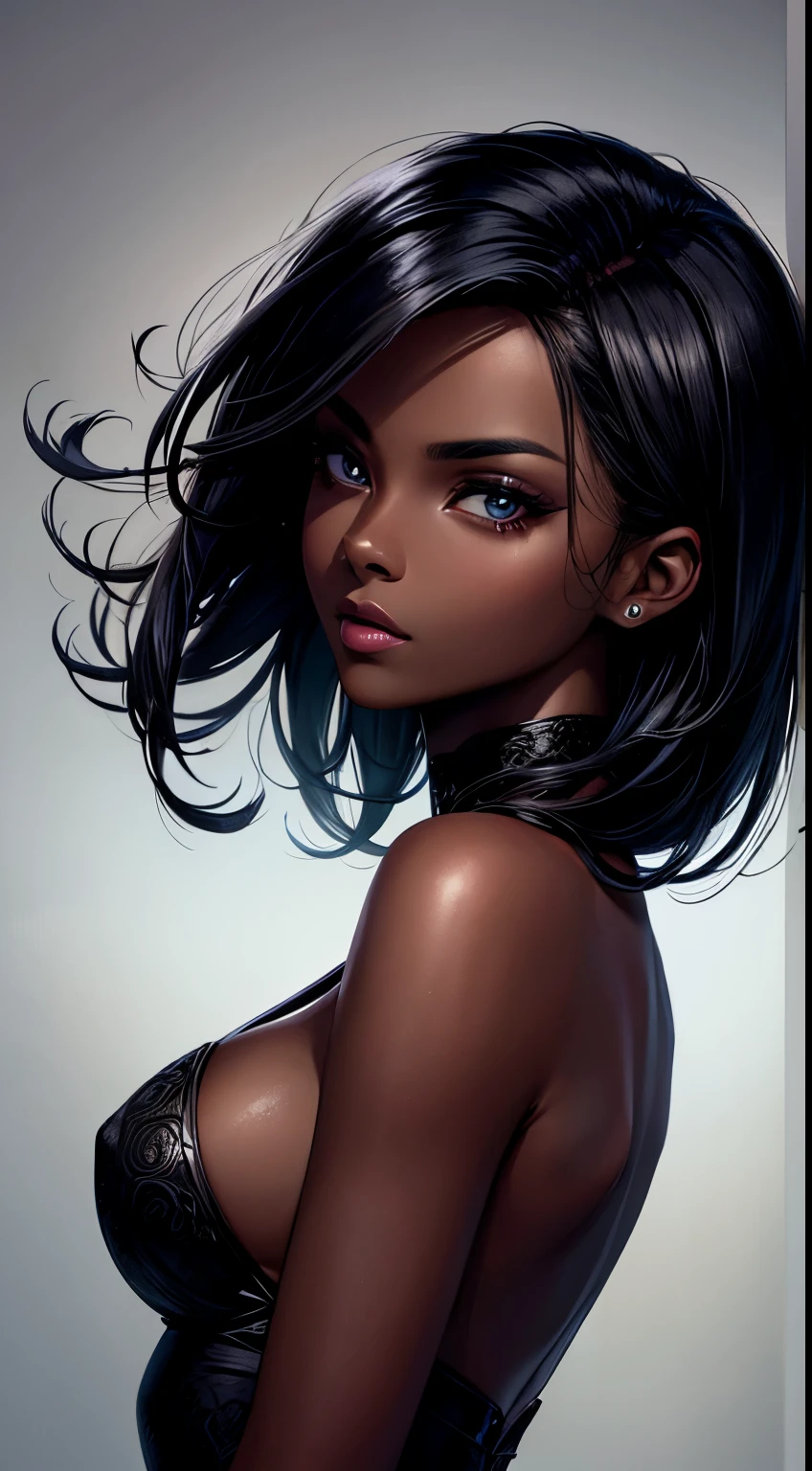 Masterpiace, Woman, dark skin , beautiful, 30 years, make-up, passionate look , soft lighting, 2d background