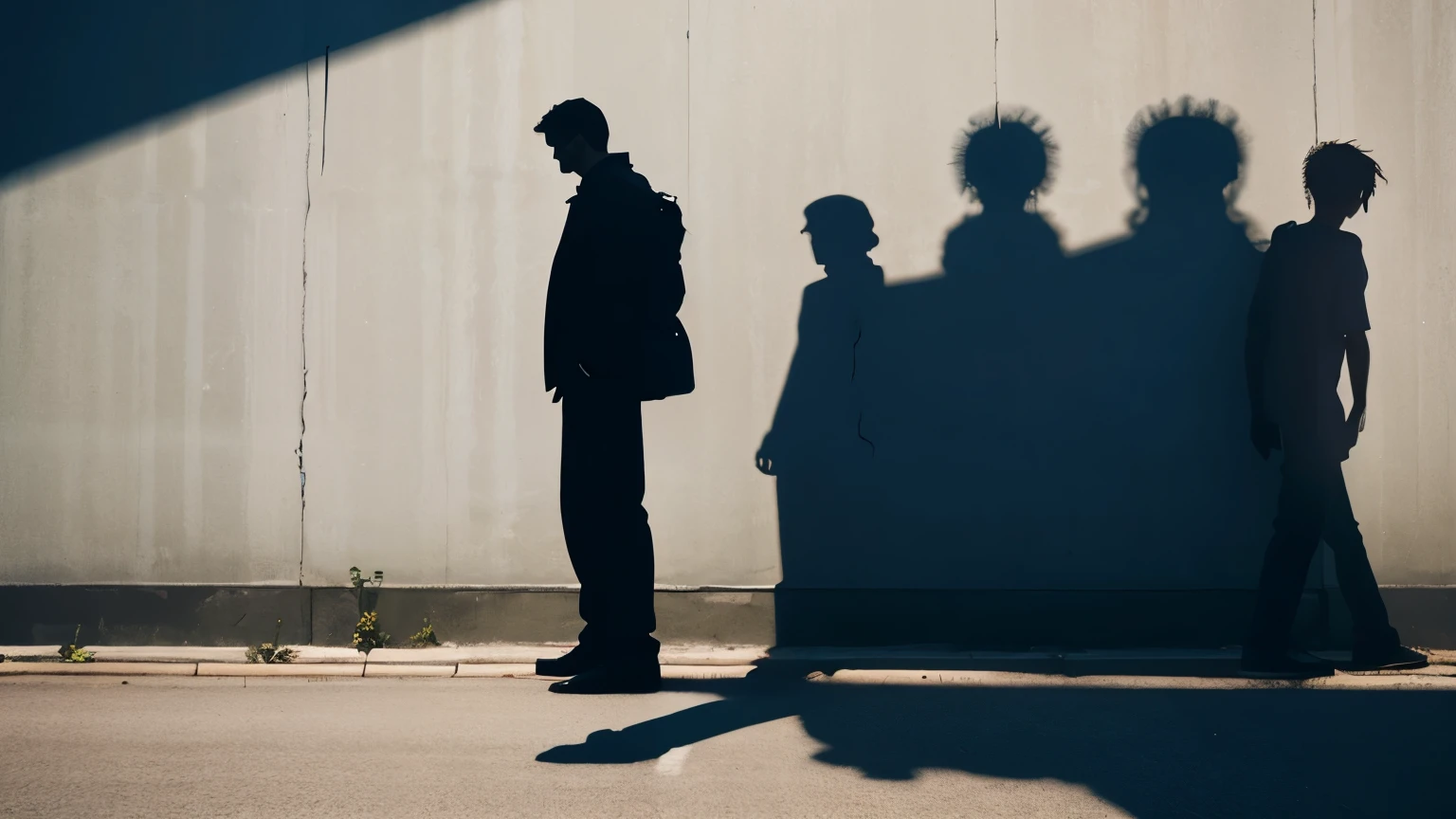 A guy stands against the wall and looks at his shadow