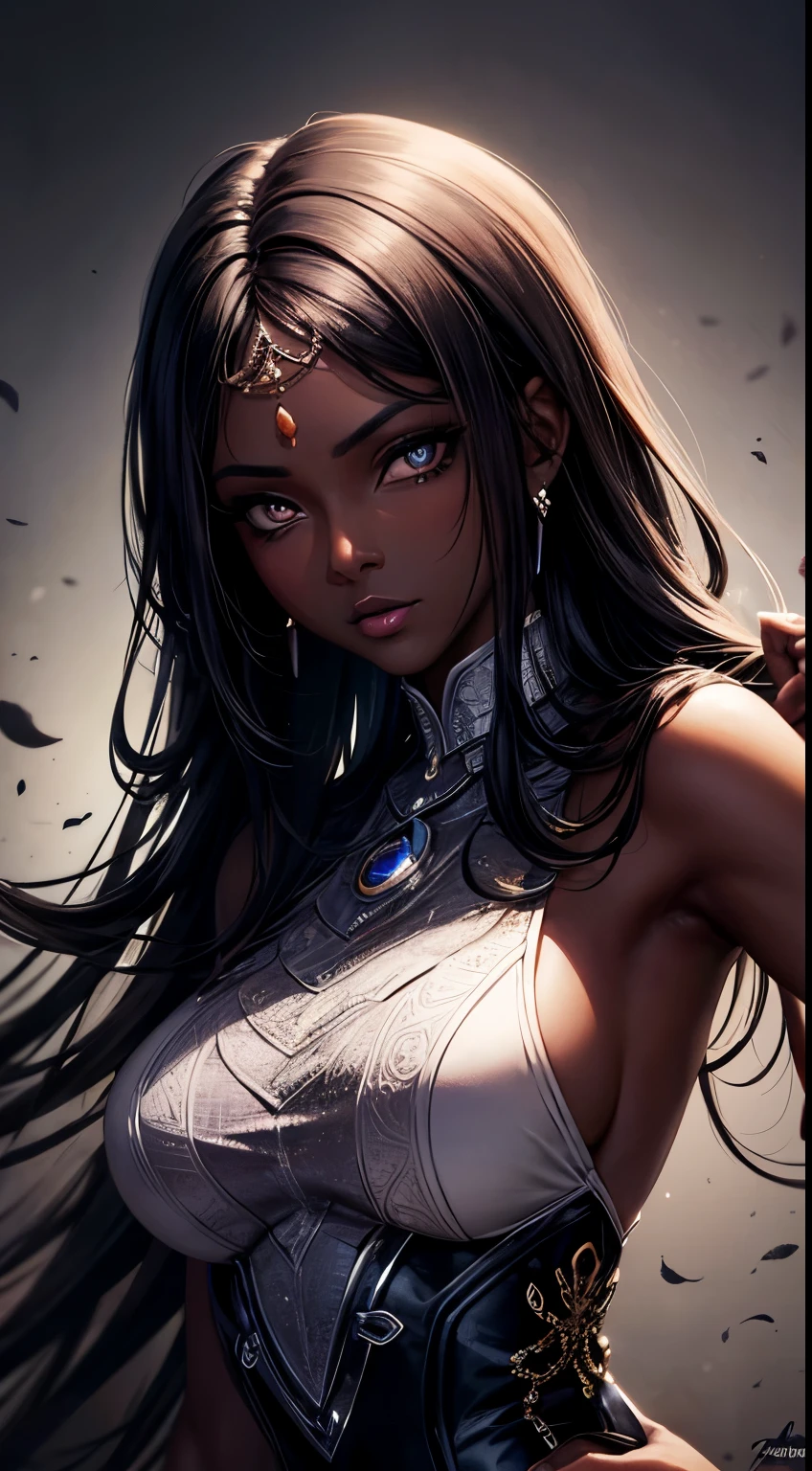 Masterpiace, Woman, dark skin , beautiful, 30 years, make-up, passionate look , soft lighting, 2d background