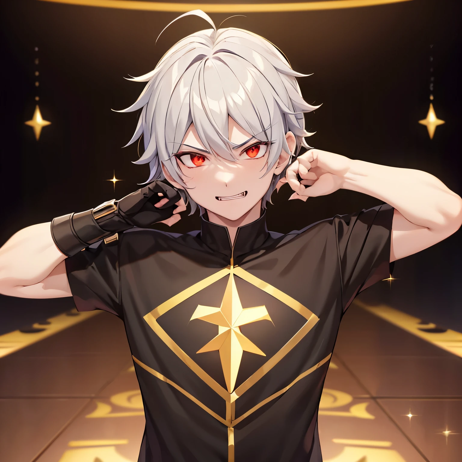 avatan, simple art style, teen boy in gold crown, black background, silver hair, red halo, red eyes, malevolent smirk, curly crop hair, fangs, doyagao, tsundere, Pixar, depth of field, cinematic lighting, chromatic aberration, sparkle, ray tracing, Fujicolor, high quality, 4K