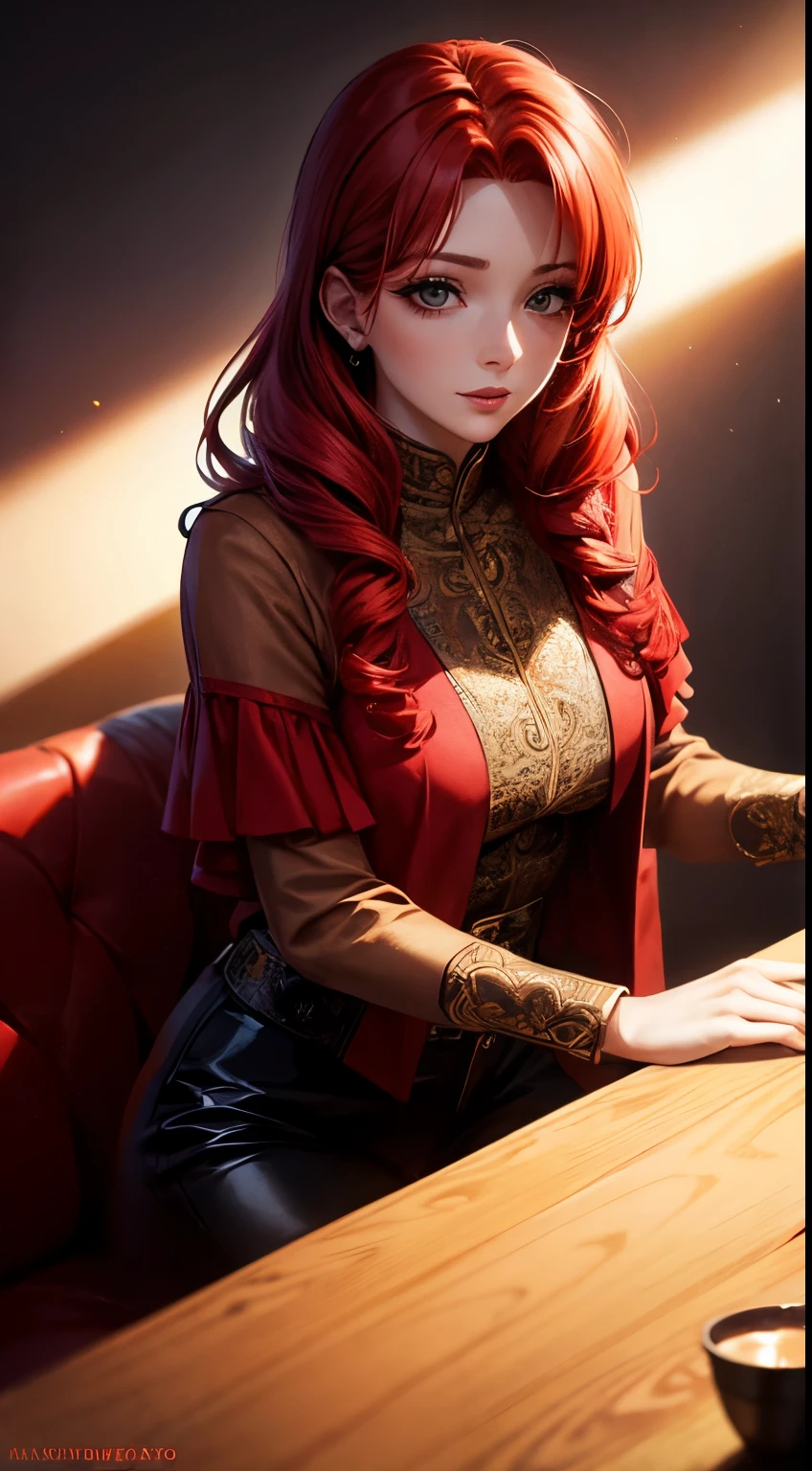 Masterpiace, Woman, red hair, beautiful, 30 years, make-up, passionate look , soft lighting, 2d background
