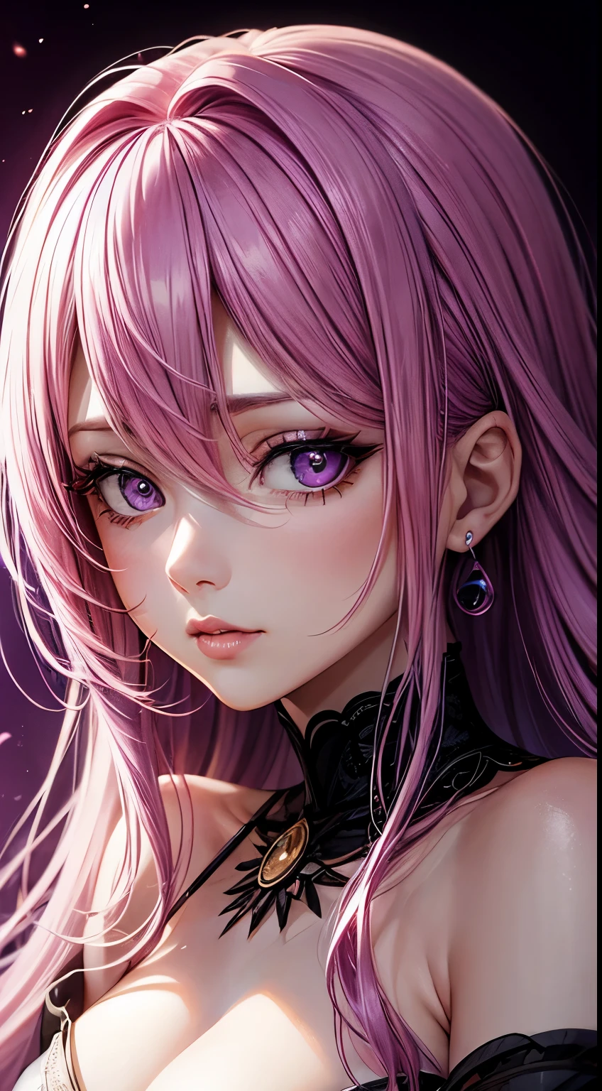 Masterpiace, Woman, pink and purple hair, beautiful, 30 years, make-up, passionate look , soft lighting, 2d background