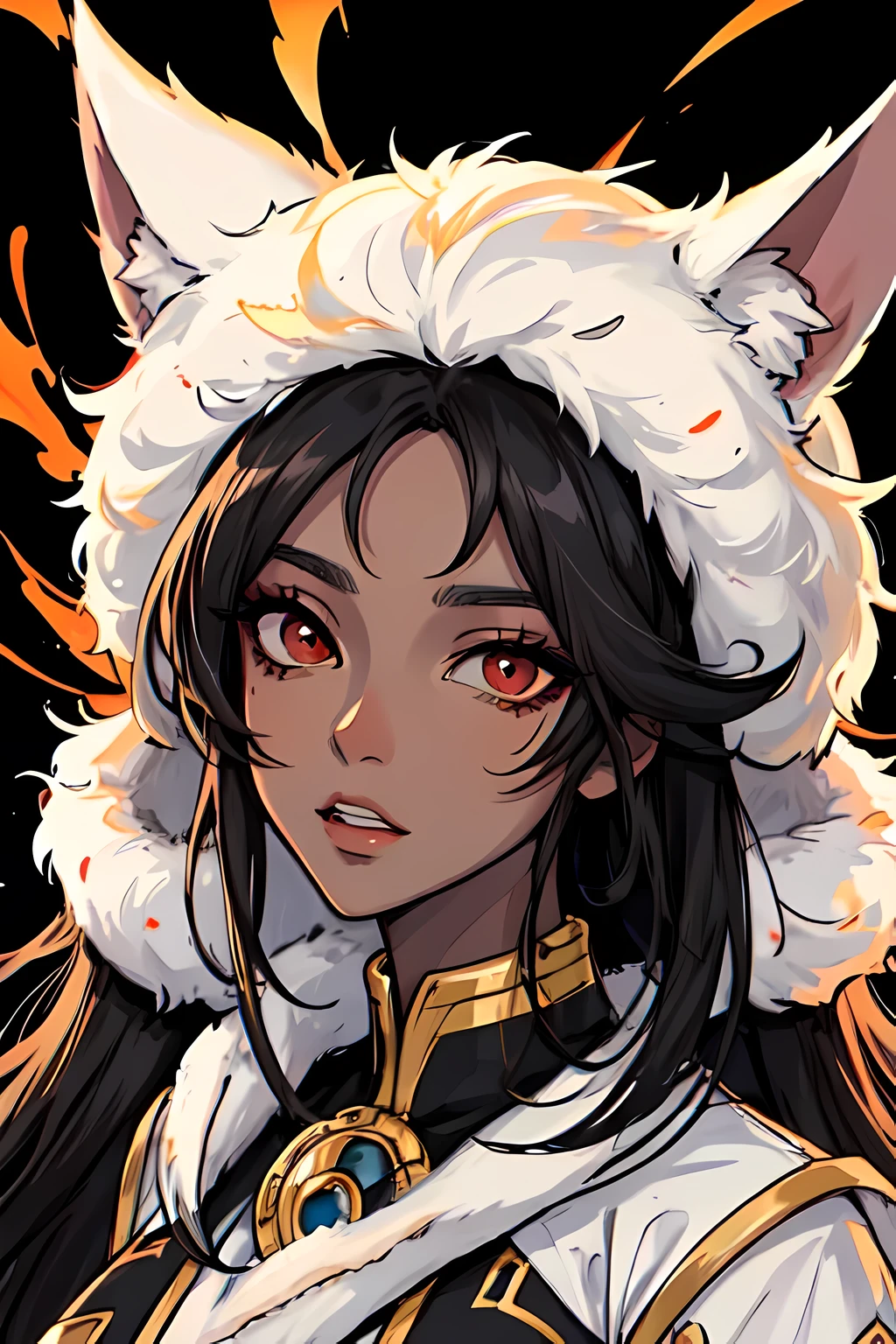 Anime Style Portrait of a sexy, African girl, with long Jet-black Hair, red eyes, dark-skinned, perfect composition, hyper-detailed, 8K, high quality, perfect eyes, trending art, trending on artstation, sharp focus, studio photo, intricate details, by Tite Kubo