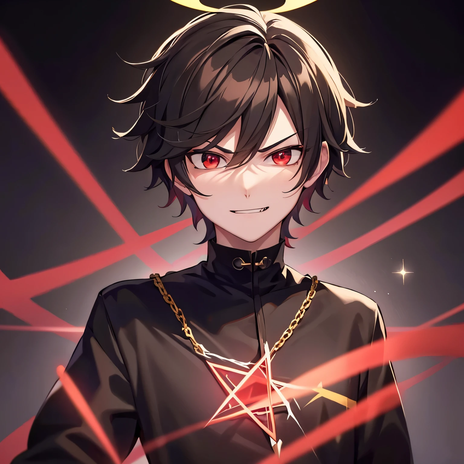 avatan, simple art style, teen boy, black background, pentagram, satan, rainbow hair, gold crown, red halo, red eyes, malevolent smirk, curly crop hair, fangs, doyagao, tsundere, Pixar, depth of field, cinematic lighting, chromatic aberration, sparkle, ray tracing, Fujicolor, high quality, 4K