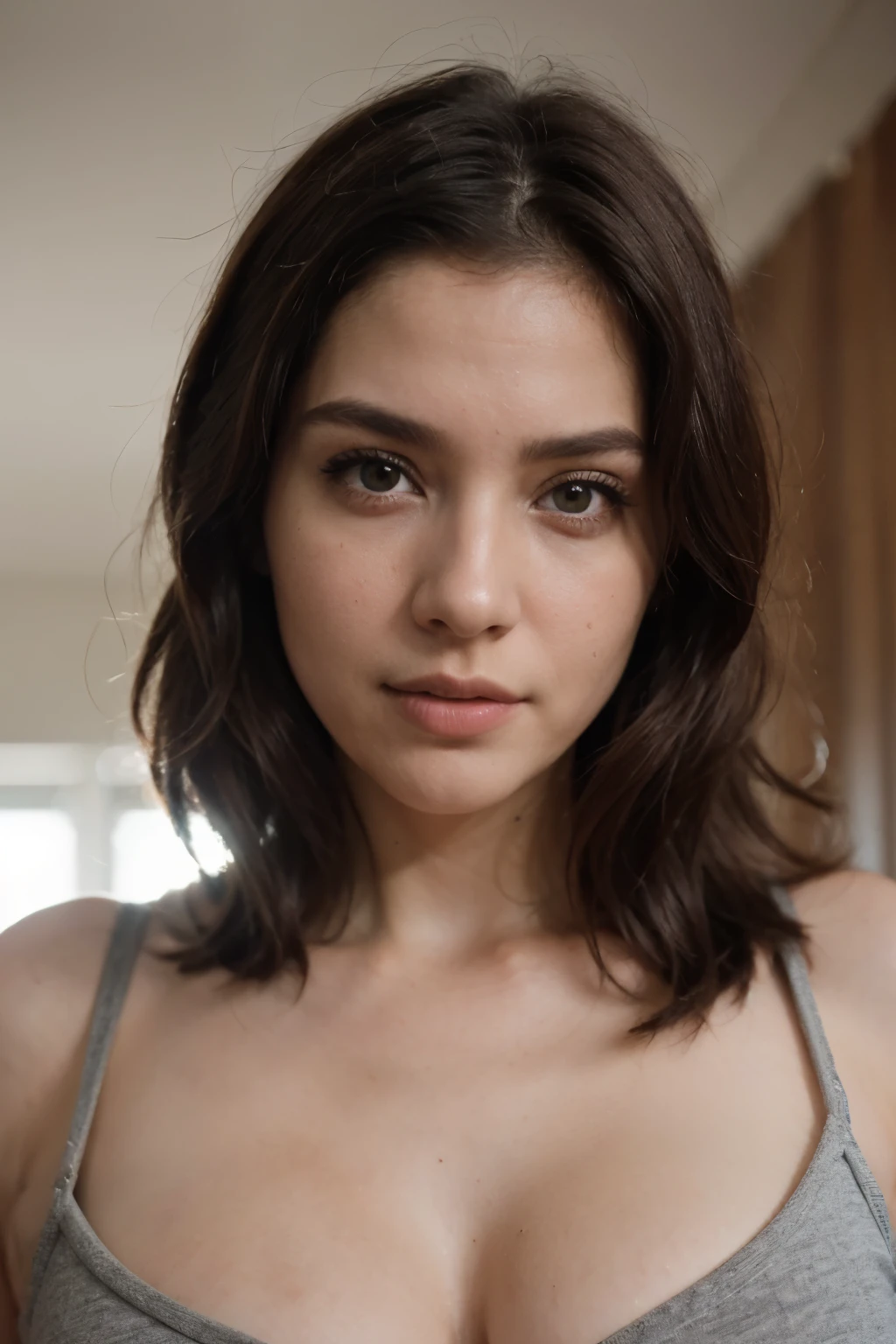 ((Mfoto de (Emikin:0.99), una mujer como influencer sexy de TikTok, Ocean hair, Eyes of the Ocean, enojado, Estilo ModelShoot, (Fondo de pantalla CG unity 8k extremadamente detallado), photo of the world's most beautiful artwork, Profesional Majestuoso (photography by Steve McCurry), 8k UHD, digital slr camera, Soft lighting, alta calidad, film grain, Fujifilm XT3 Sharp focus, f 5.6, Alto detalle, Sharp focus, dramatic, (usando una camiseta punk), (mira al espectador:1.2), (alumnos detallados:1.3), (Luz natural), (de cerca:1.2), (seductor), Brown hair color, Hoyuelos en las mejillasejor calidad)), ((obra maestra)), (detallado), cara perfecta