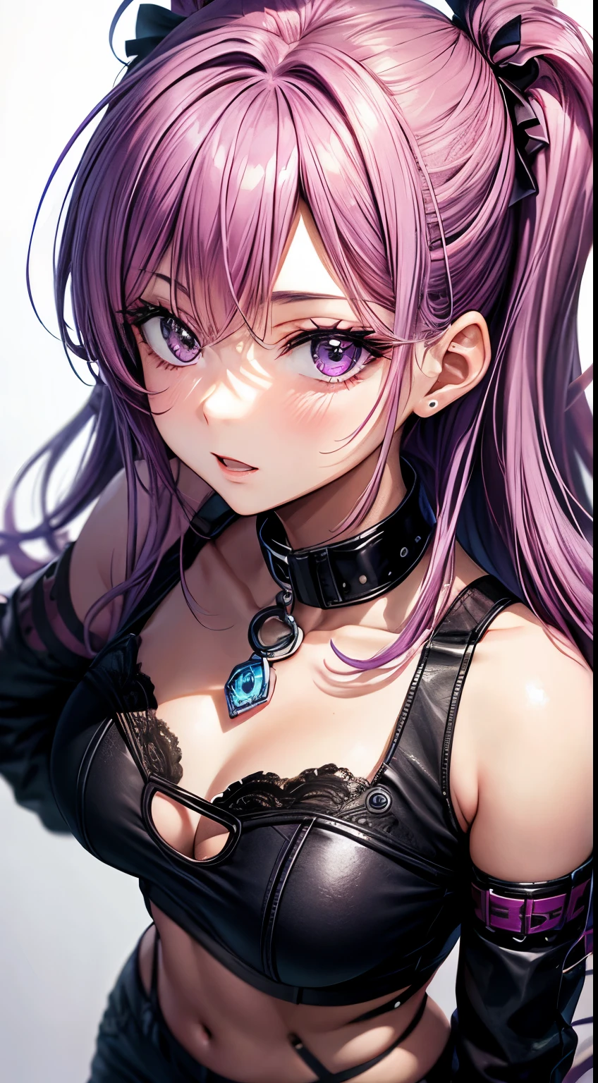 Masterpiace, Woman, pink and purple hair, beautiful, 30 years, make-up, passionate look , soft lighting, 2d background