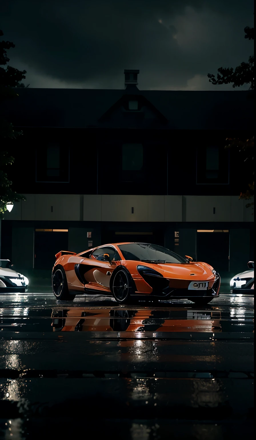 a wallpaper of running future looking mclaren car in a rainy night in a street with lot of reflection from ground make it front view but a little lower from ground so that building are also seen from front make the colour of the car po