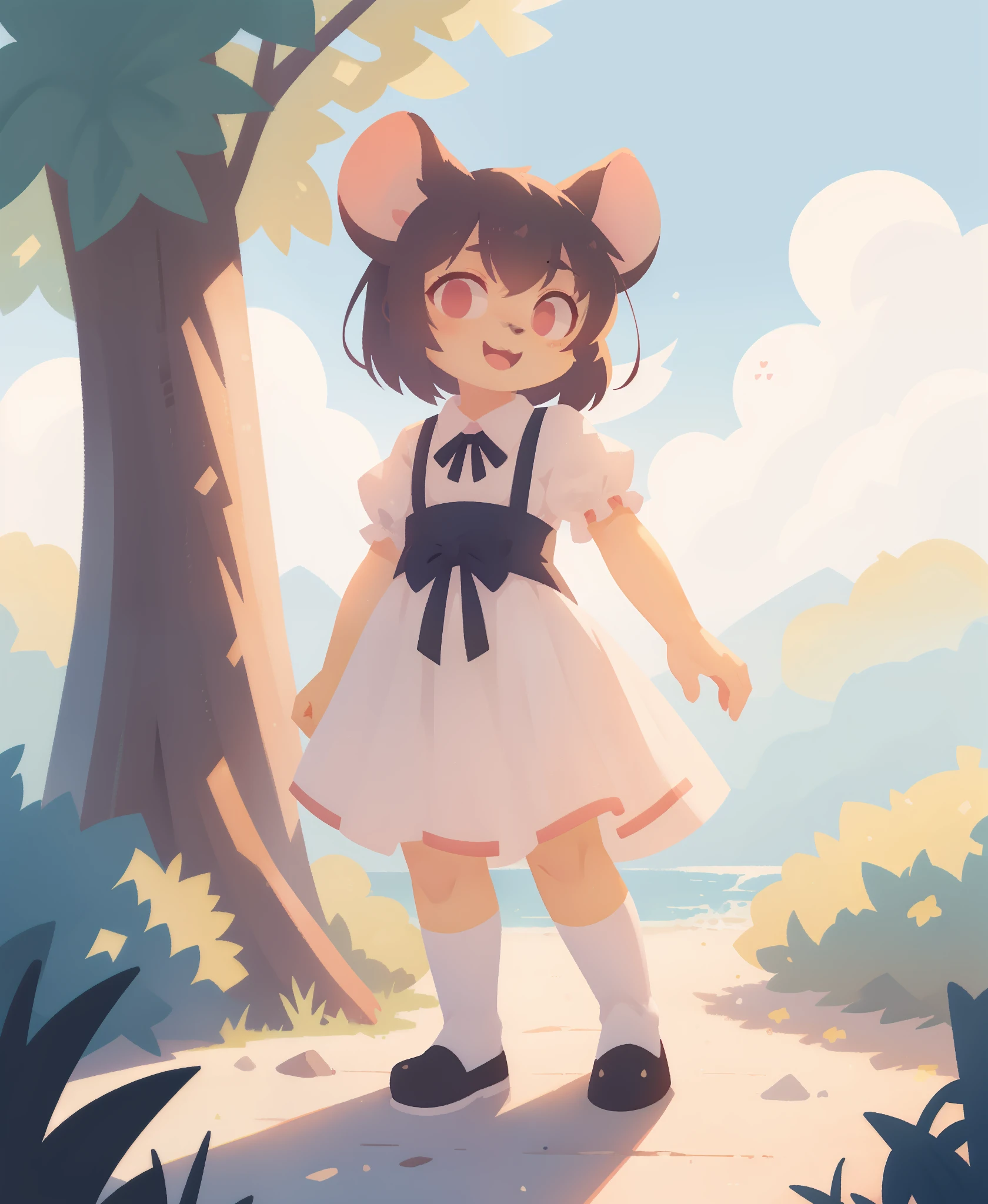 1girl, solo, maid, mouse girl, mouse ears, fang, :D, outdoors, white stockings, short hair, bob cut, full body, clouds, sunlight, bows, pink eyes, (best quality, masterpiece, illustration, ultra-detailed:1.3), (uploaded on e621, furry, anthro, kemono:1.3)