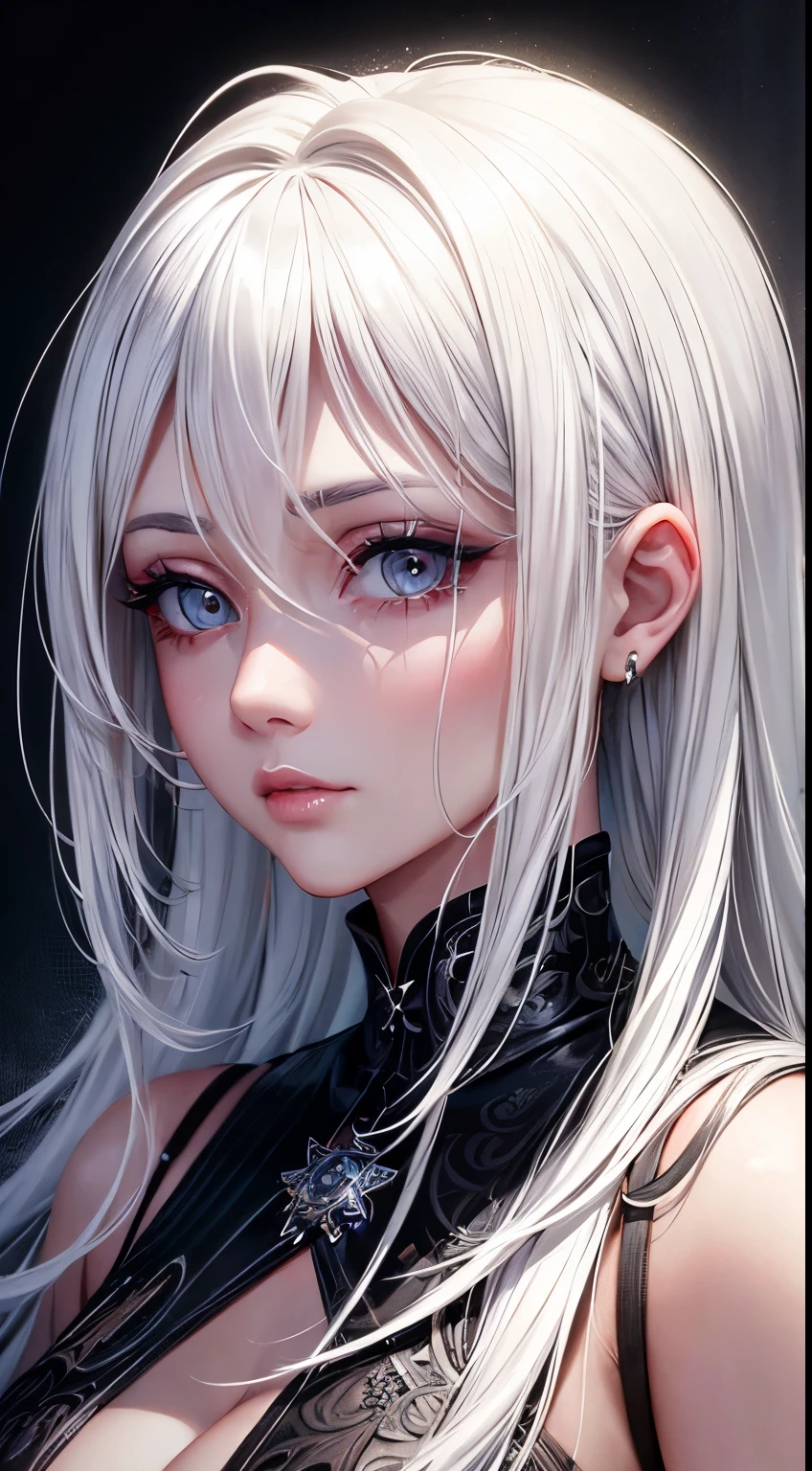 Masterpiace, Woman, white hair, beautiful, 30 years, make-up, passionate look , soft lighting, 2d background