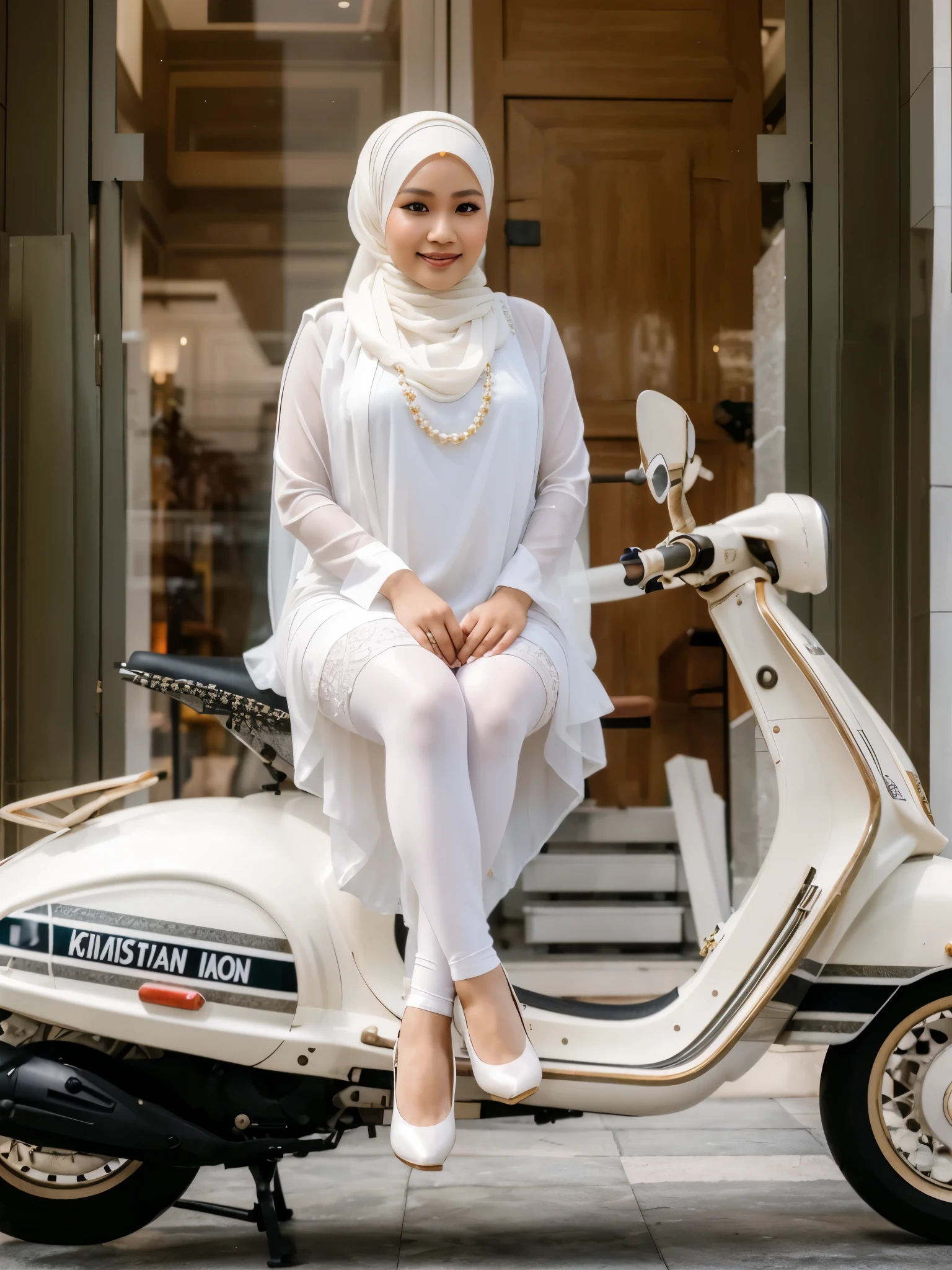 RAW, Best quality, high resolution, Masterpiece: 1.3, Indonesian woman wearing hijab, (40 years), plump, wearing white kebaya, Javanese gamis, dress, beautiful Javanese hijabi with pearl skin wearing tribal slaves, heels, Masterpiece, white high stockings, A gentle smile, sitting on a Vespa Dior