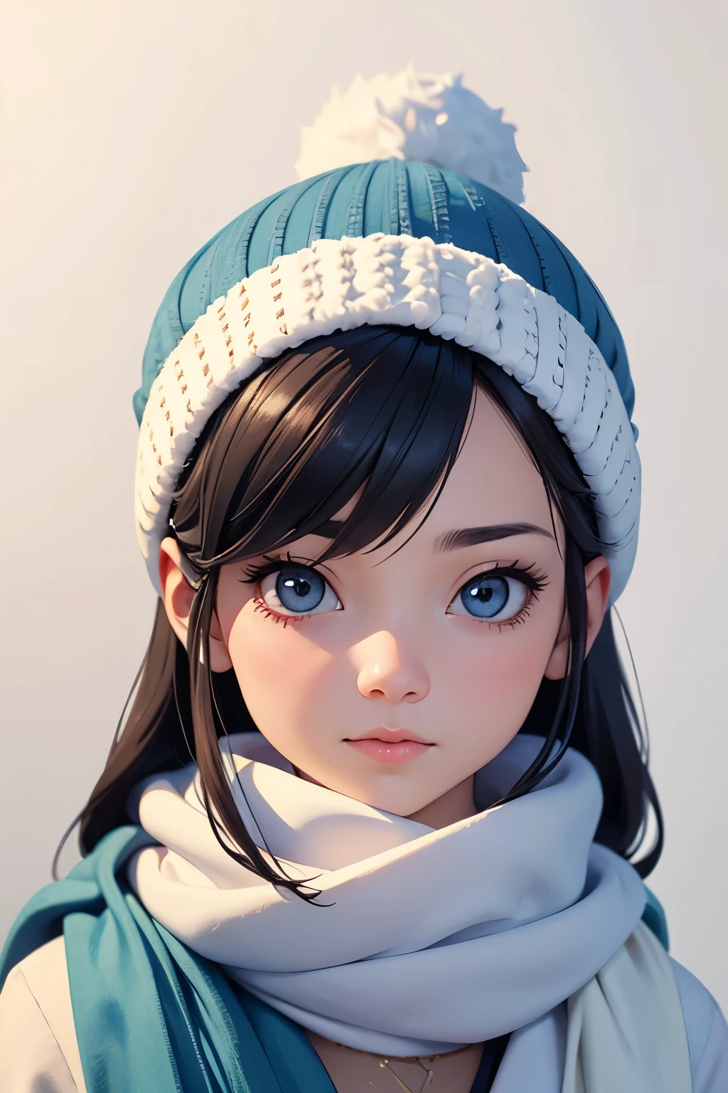 a woman wearing a blue hat and scarf, artist artgerm i and wlop, frozen cold stare, simple watercolor, unusually unique beauty, studio 4°c, frostbite, pastel art, a beautiful teen-aged girl, stylized portrait h 1280, ryan kiera armstrong, james jean aesthetic, trending art
