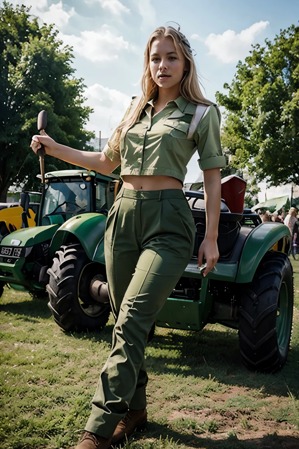 farmer blonde girls in green uniforms sexy, young, protesting on a big square against government, driving tractors with big wheels,