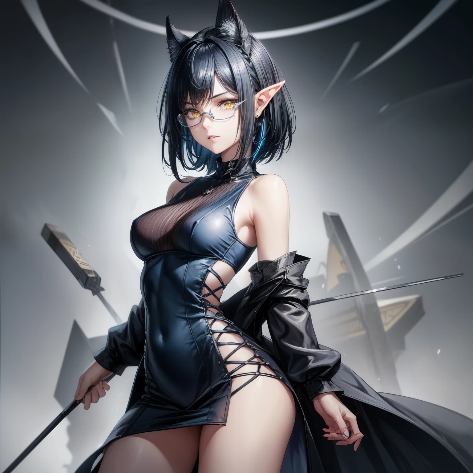 8k, older girl, (short dark blue hair:1.2), yellow eyes, serious, medium breast, rectangular glasses, dutch angle, sashagrey, (ahoge:1.1), dark elf witch, long tight multycolored dress with low-cut, large slit, (pointed ears), nipples trough clothes, simple white background, full body, silver jewelry, hands, slender girl, narrow hips, pelvic_curtain dress