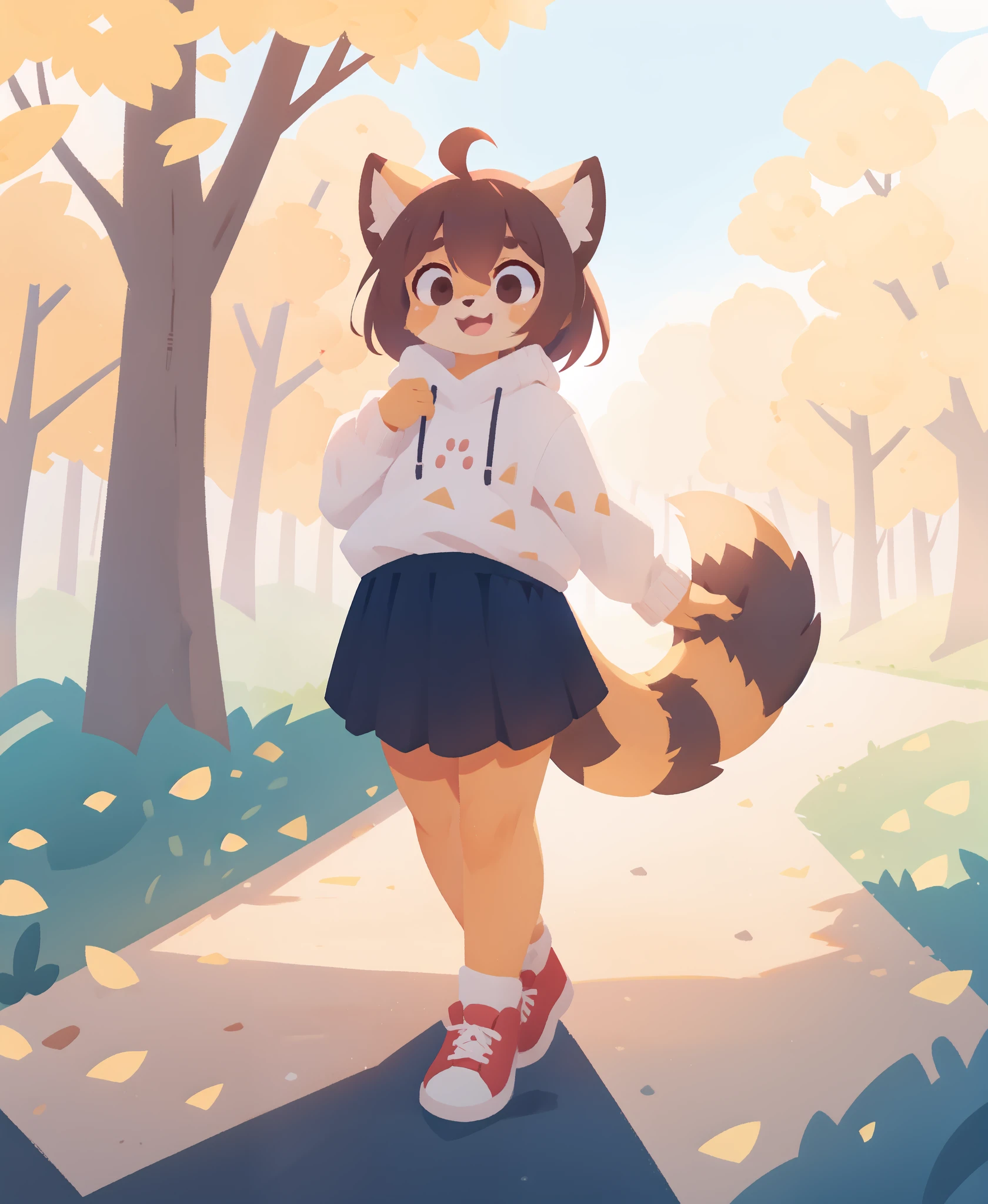 red panda girl, brown hair, bob cut, ahoge, white sweater, :D, black skirt, sweater tucked in, full body, sneakers, looking at viewer, tail, at park, tree, (uploaded on e621, furry, anthro, kemono:1.3),, (best quality, masterpiece, illustration, ultra-detailed:1.3)