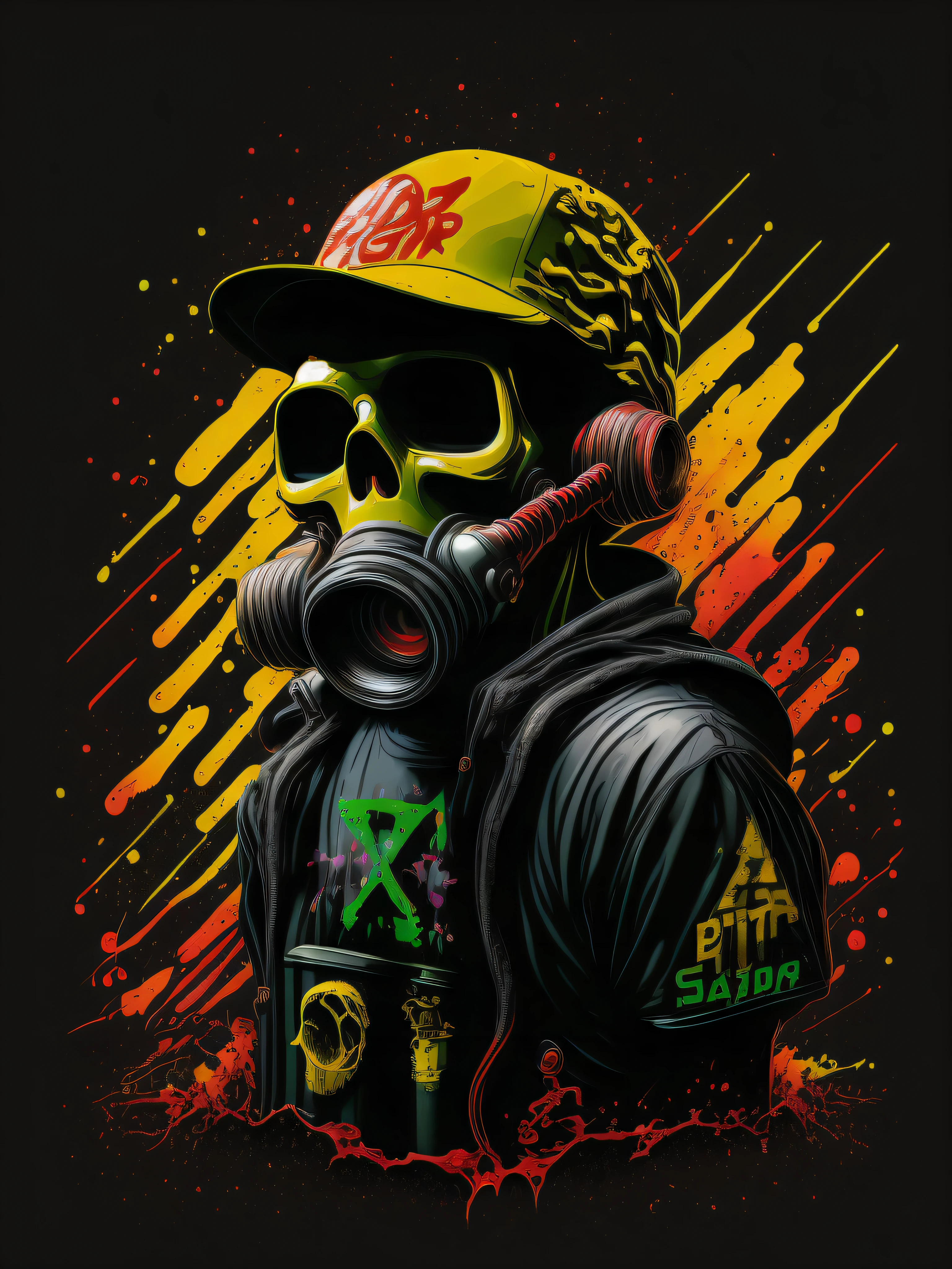Squelette Pixador avec masque à gaz et casquette, éclaboussure, vaporisateur, traces, 80's, image vectorielle, Conception de t-shirts, isolé, fond noir, illustration, Utilisez uniquement des couleurs jaune et rouge vert, avec lettres "TDR" Souligné