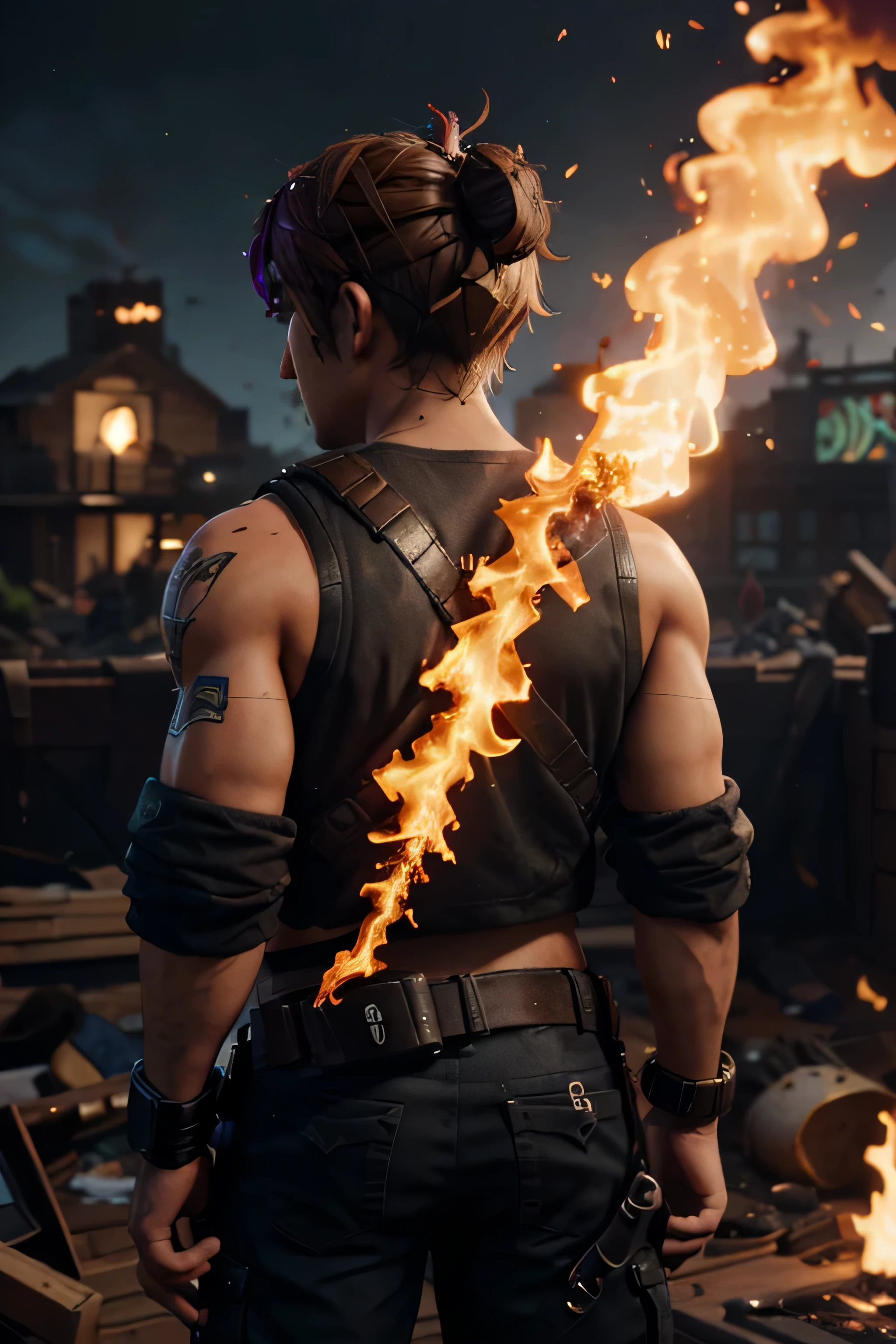 make a detailed image of a fortnite character with his back turned watchin the word burn