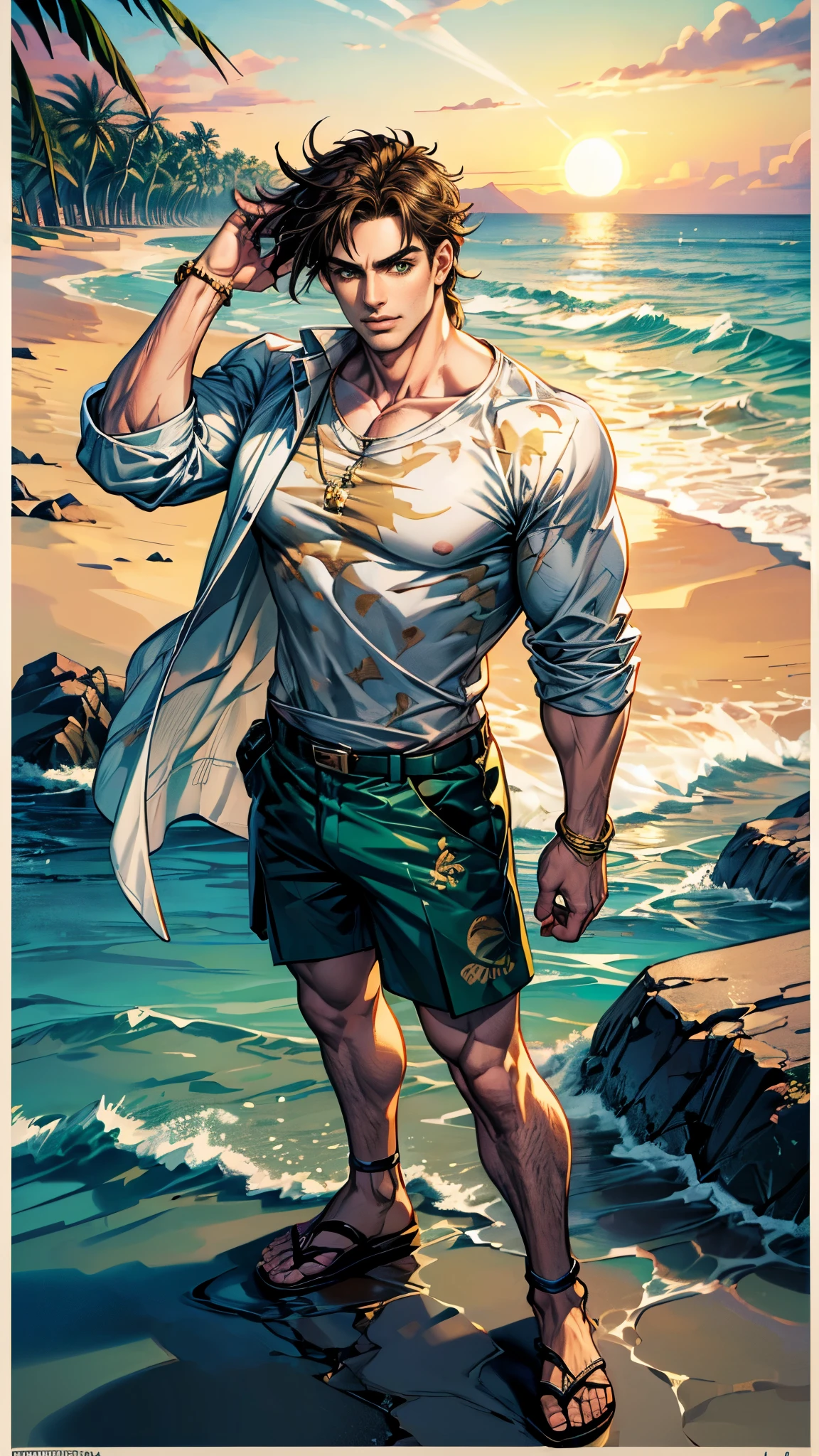 ((masterpiece, Best quality, a high resolution, ultra detailed),(beautiful and aesthetically pleasing:1.2), 1man, adult, mature, perfect body, brown hair, green eyes, Detailed eyes and face, male body, male focus, muscle body,  ((white long oversized shirt with print)), beach shorts, golden hour, beach, sea, sand, Palma, complex parts, full body, beach sandals, jojo, joseph_joestar