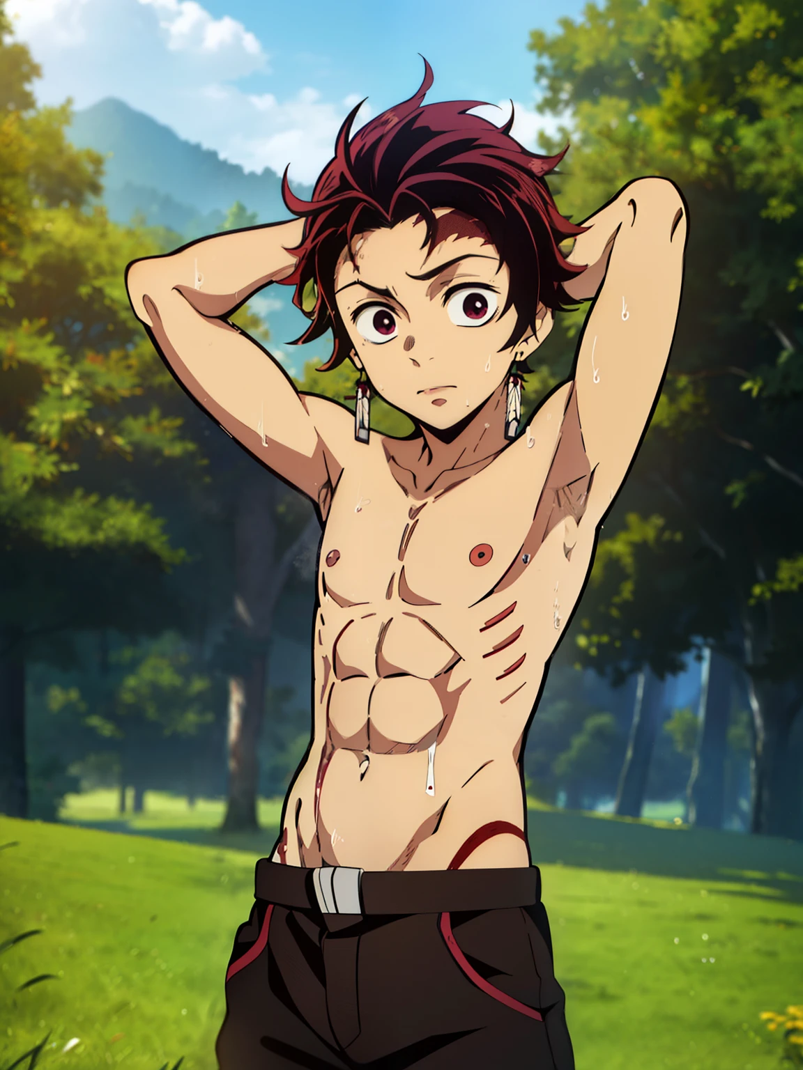 Highres, Masterpiece, Best quality at best,Best Quality,hight quality, hight detailed, 1boy, Tanjirou, Red hair, Earring, Shota, Shirtless, Topless, Bare chest, Sweat, Body picture, Slim body, Slim stomach, (Showing armpit:1.5), Seen from front, (young boy), s, ray tracing, best color
