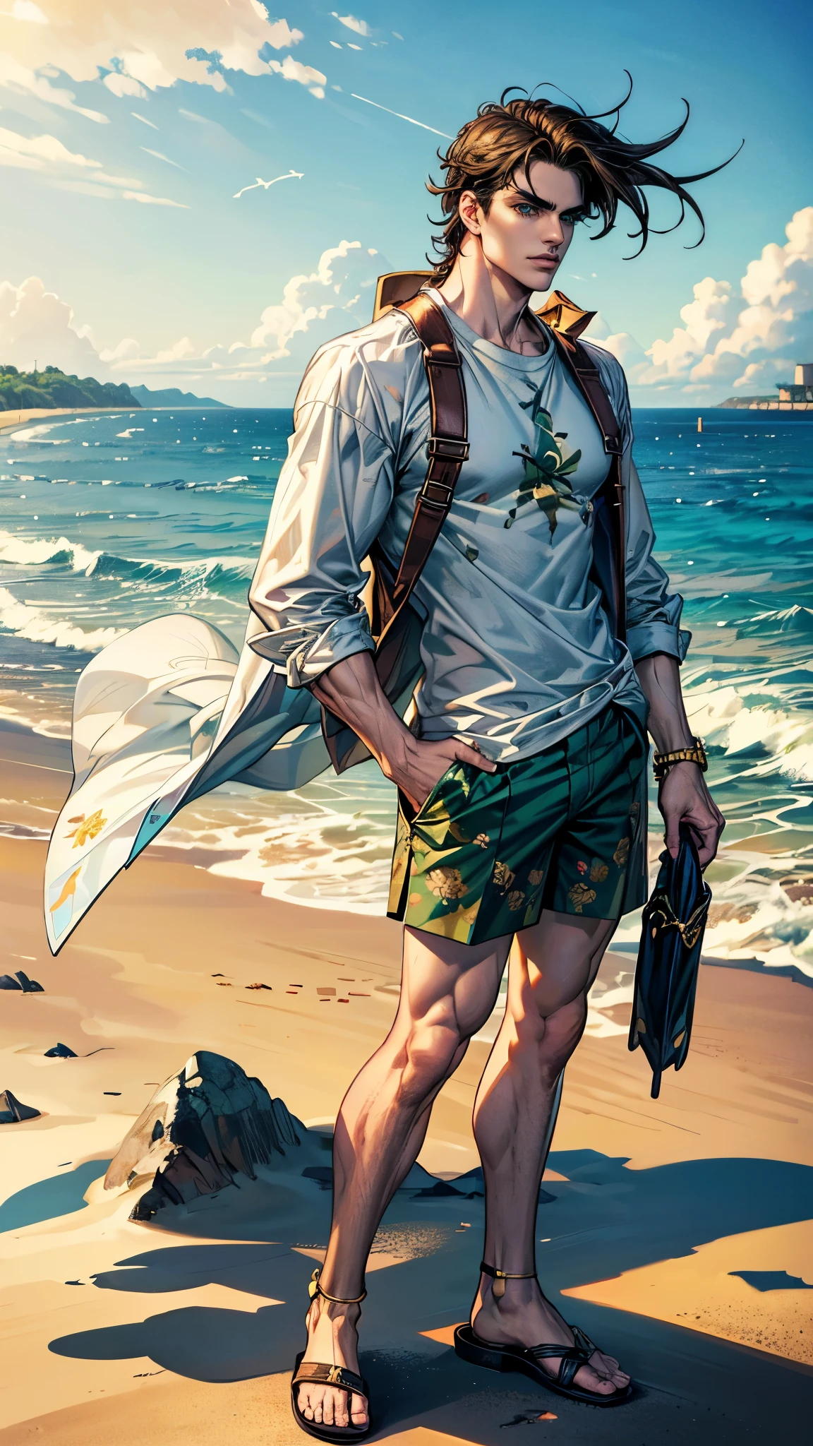 ((masterpiece, Best quality, a high resolution, ultra detailed),(beautiful and aesthetically pleasing:1.2), 1man, adult, mature, perfect body, brown hair, green eyes, Detailed eyes and face, male body, male focus, muscle body,  ((white long oversized shirt with print)), beach shorts, golden hour, beach, sea, sand, Palma, complex parts, full body, beach sandals, jojo, joseph_joestar