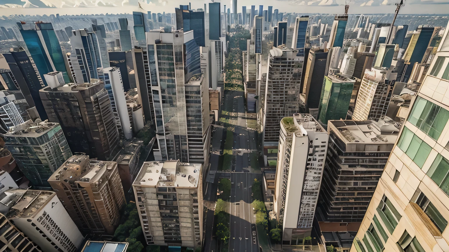 A view from above of the city of São Paulo, buildings, avenida Paulista, muita gente passando na faixa de pedestre, visto de cima epic, foto 4k realist