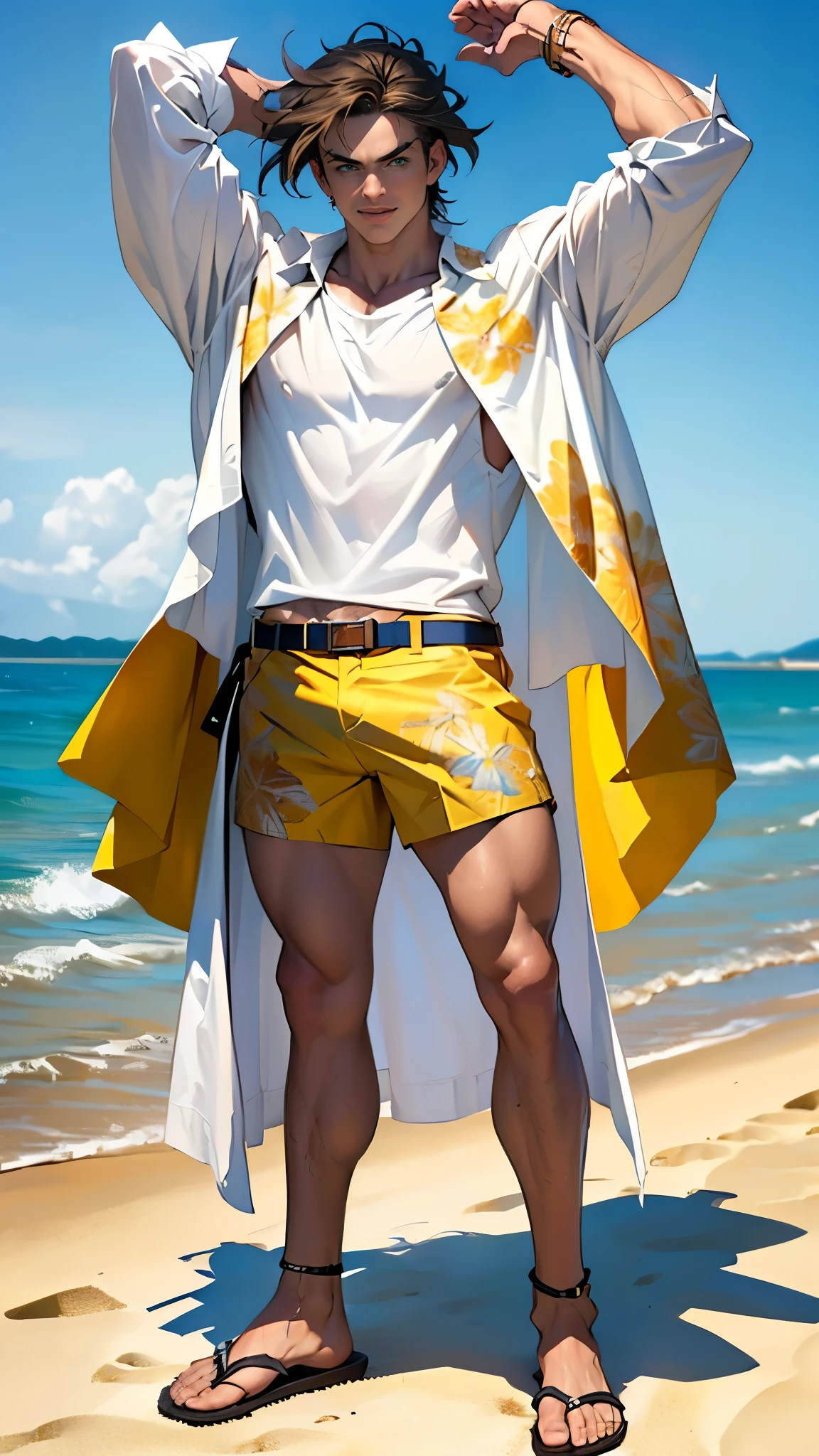 ((masterpiece, Best quality, a high resolution, ultra detailed),(beautiful and aesthetically pleasing:1.2), 1man, adult, mature, perfect body, brown hair, green eyes, Detailed eyes and face, male body, male focus, muscle body, разноцветная повязка на голове, ((white long oversized shirt with print)), beach shorts, golden hour, beach, sea, sand, Palma, complex parts, full body, beach sandals, jojo, joseph_joestar