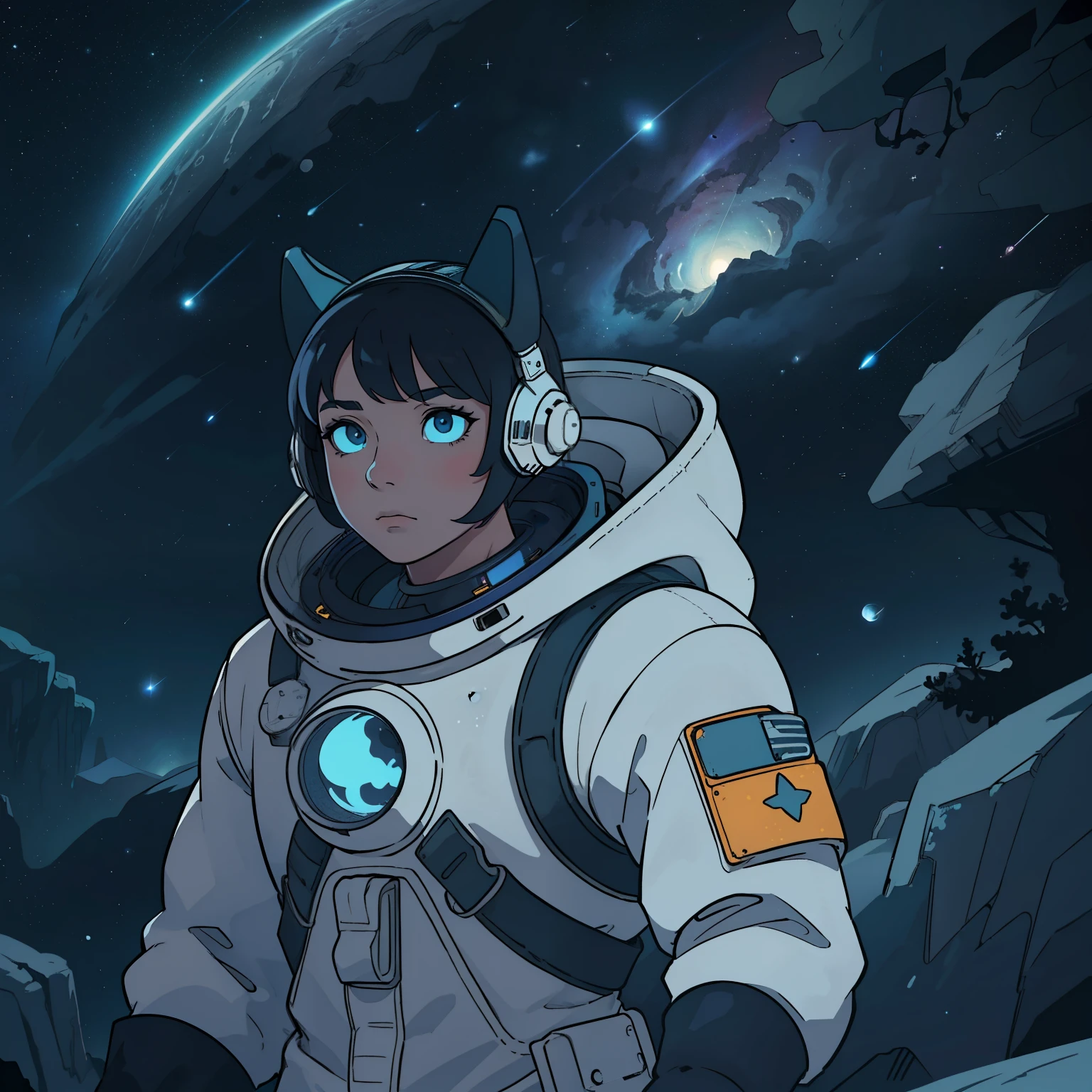 (Moonlit scène), Majestic dog with star-shaped eyes sits on an asteroid, (Space exploration), Galactic setting, Glowing green and blue nebulas surrounding the asteroid, Realistic textures, High-definition graphics, Crisp and clear detailing, Interstellar atmosphere, Thrilling and adventurous mood, Luminous constellations, Dynamic lighting, Heroic pose, Detailed fur texture, Intense concentration, Determined expression, Powerful muscles, Leash in paw, Space helmet on, Ready for exploration, Positive energy, Vibrant color palette, Futuristic style.
Best quality, Masterpiece: 1.5,