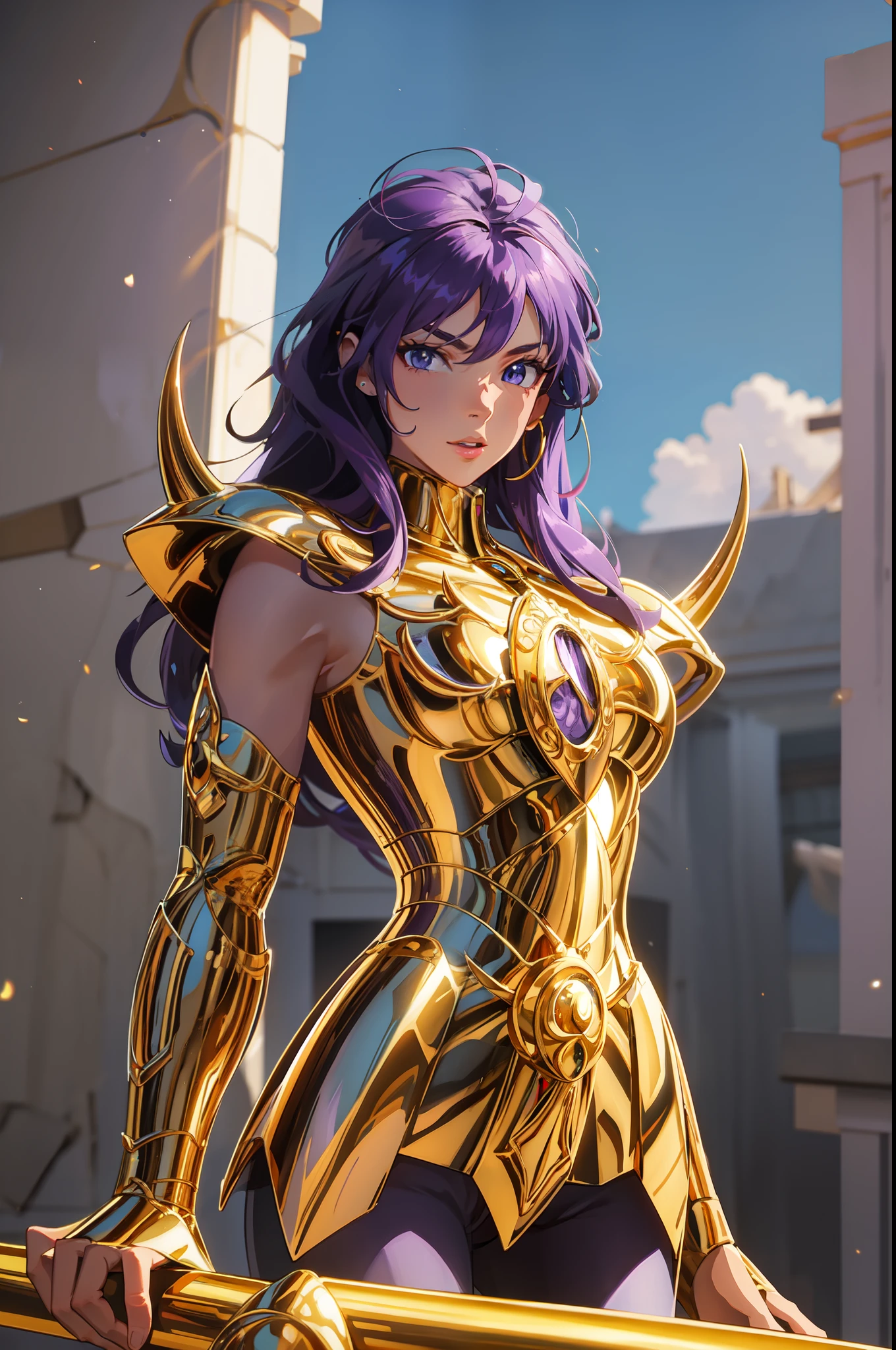 perfect eyes:1.2, detailed eyes:1.4, gold armor, armor, (purple hair:1.6), helmet, breasts, shoulder armor, medium hair, blue eyes, ScorpioArmor, Golden Armor, shoulder_armor decoration, forehead protector, forehead armor, forehead jewel, greek ruins background, golden shinning armor, cowboy shot, 1girl, solo, (masterpiece:1.6, best quality), 8k, insane details, intricate details, hyperdetailed, hyper quality, high detail, ultra detailed, professional, HDR, ray tracing reflection, cinematic lighting
