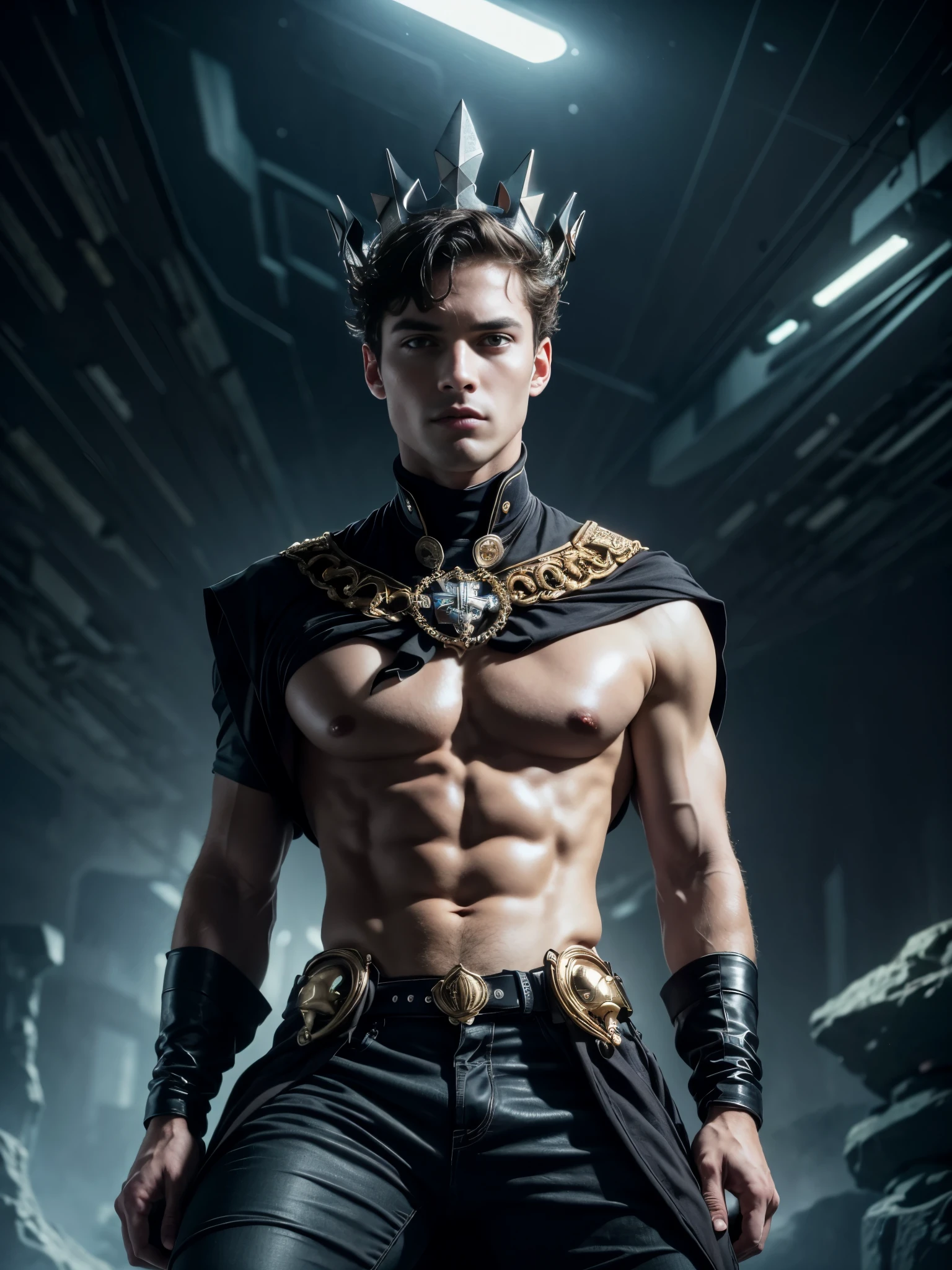 (photorealistic),masculine and shirtless male model, full body shot. A photograph of a 18 years old male model shirtless, he is sitting at the edge of futuristic throne, he is wearing a (dark evil masculine crown:1.4), and tight black futuristic pants, and looks Italian man, with light blue eyes, white pale skin, (short dark hair:1.2), short brown hair, messy wavy hair, defined body, fit body. Set the scene out space, galaxies, stars and planets in the background, with a dim light coming from a huge window, amazing architecture. Masterpiece:1.5, dramatic lighting, dark night, diffuse light, (dark atmosphere:1.5), best quality, beautiful lighting, realistic, real image, intricate details, everything in razor sharp focus, perfect focus, male focus, perfect face, extremely handsome, extremely muscular, Photograph, masterwork, supreme resolution, 32K, ultra-defined, extremely shallow depth of field, very defined faces, excellent quality, dramatic lighting, deep shadows. dynamic pose. Camera settings to capture such a vibrant and detailed image would likely include: Canon EOS 5D Mark IV, Lens: 85mm f/1.2, ISO 100, 1/500 sec