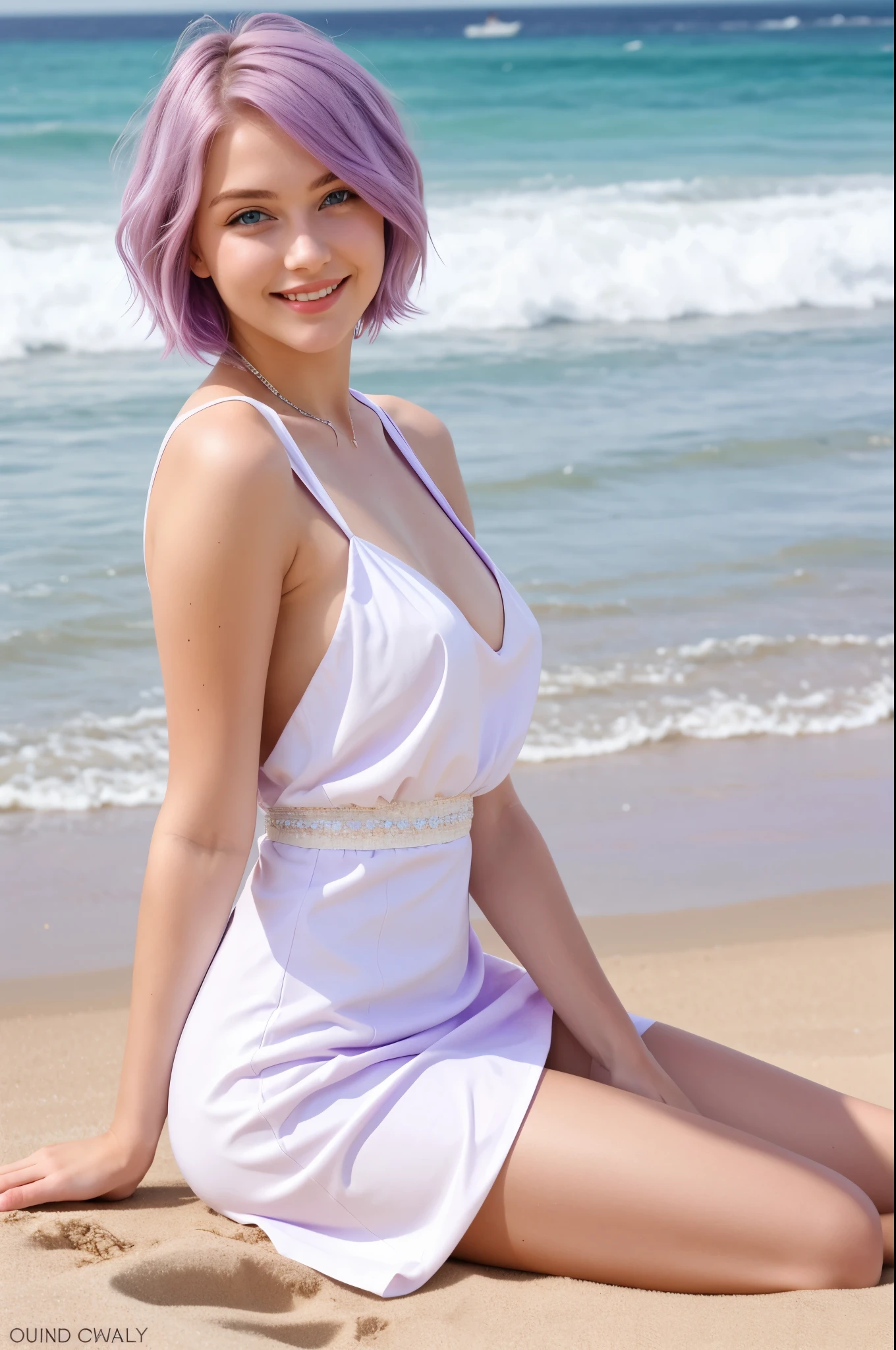 Photo 1 Woman, sitting on the beach, Light purple hair, Bob Hair, high quality, 8k, Model appearance, cute face, 20 years old, big blue eyes, sexy white dress, sexy smile