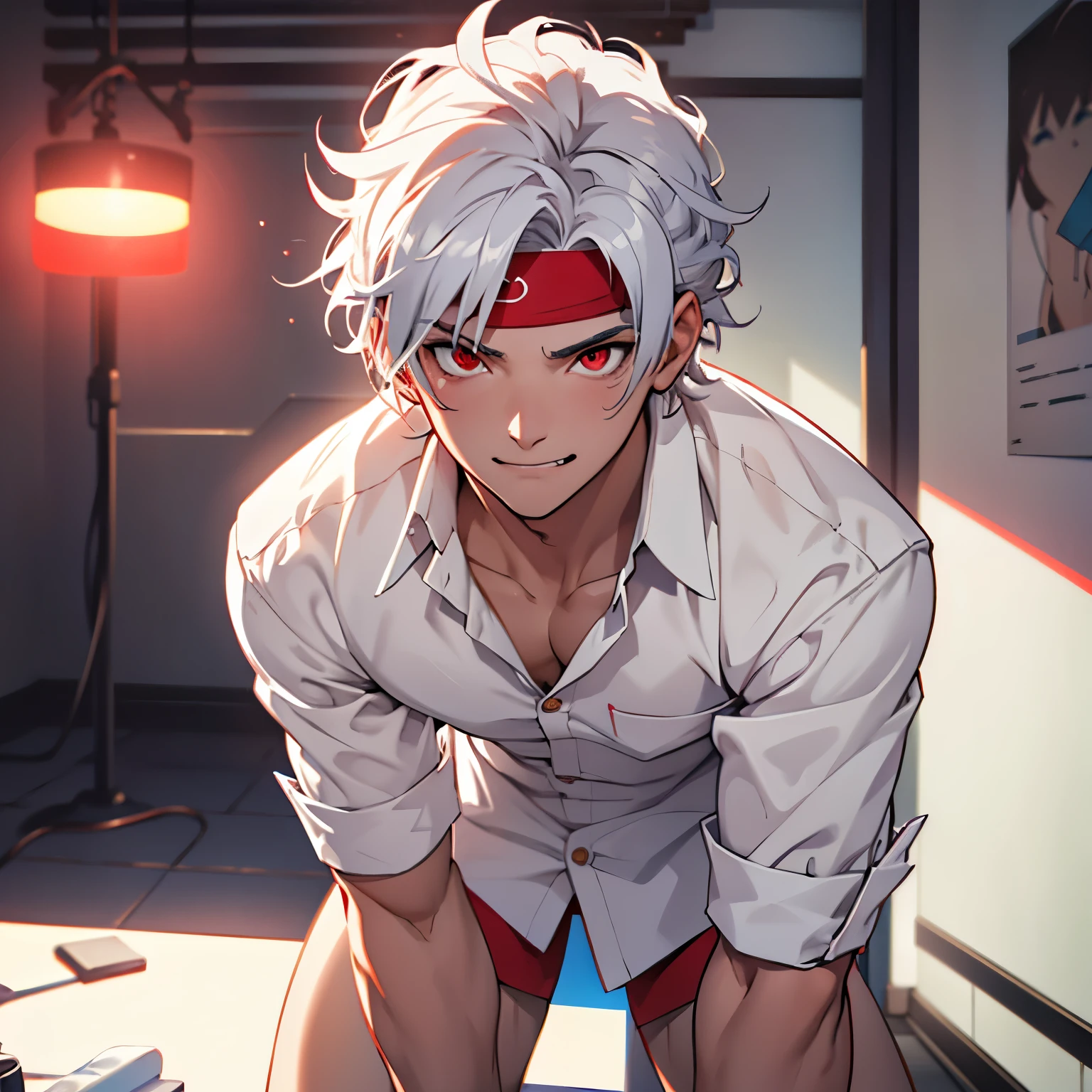 1male , Dark Skin , White Hair , Pale Blue Eyed , Modern Undercut Hair , Messy Hair , Red Headband , Black Two tone Yukata , Red Circular Markings on clothing , Baggy Pants , Calm Expression,White Industrial Room Background , Hands Behind Head , Muscular, Young Male